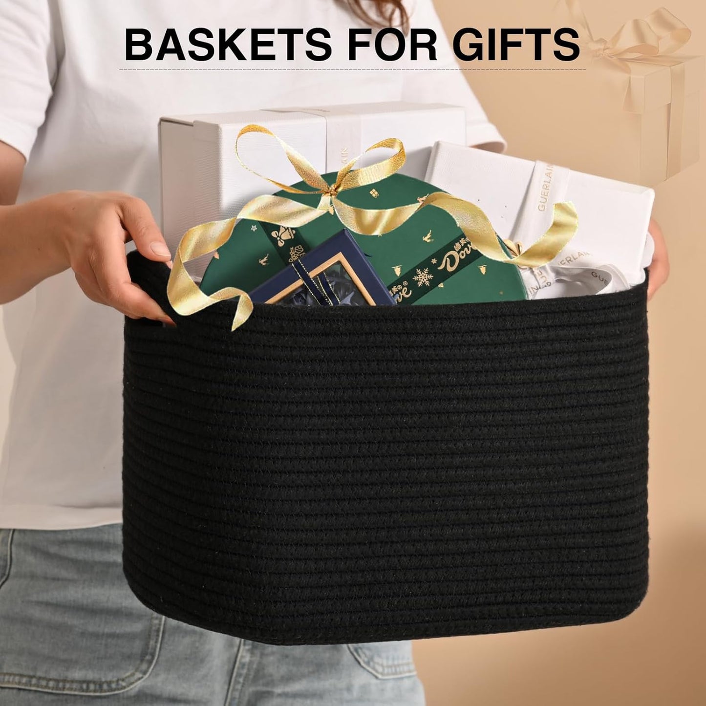Woven Cotton Rope Storage Basket for Organizing, Cute Decorative Baskets for Gifts Empty, Organizer Bins for Dog Toy, Baby Laundry, 15“×11”×9.5“, Black