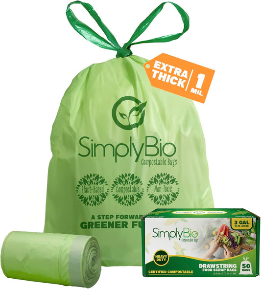 Simply Bio 3 Gallon Compostable Trash Bags Liners Drawstring, Heavy Duty Extra Thick 1 Mil, 11.36 Liter, 50 Bags, Small Kitchen Food Scrap Waste Bag, ASTM D6400, US BPI and OK Compost Home Certified