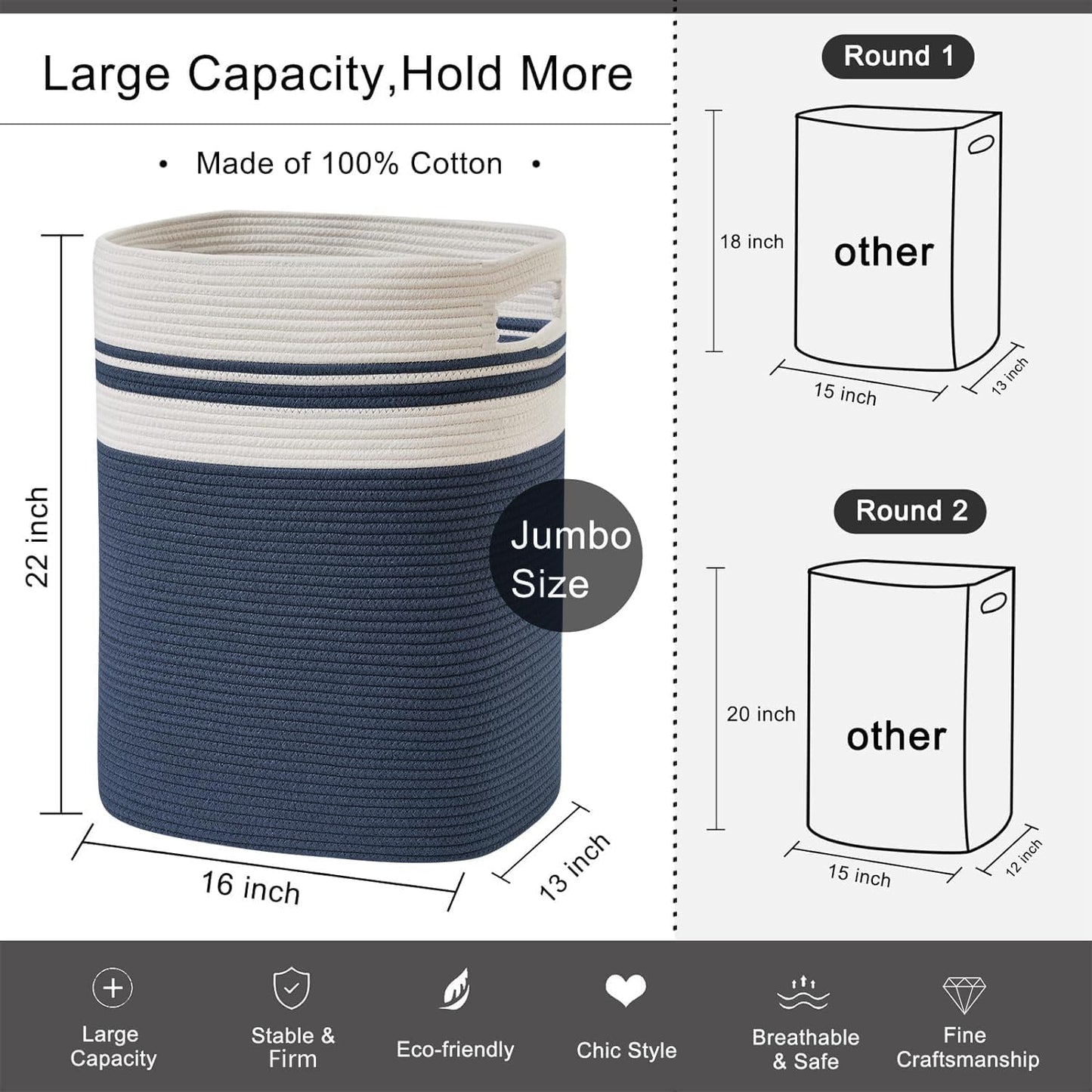 OIAHOMY Laundry Hamper-Laundry Basket,Tall Cotton Storage Basket with Handles,Decorative Blanket Baskets for Living room,Collapsible Large Baskets for Toys,Pillows,Clothes-16x13x22in-Blue