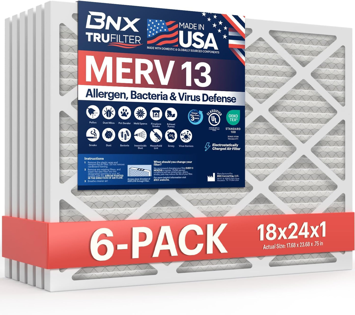 BNX TruFilter 18x24x1 Air Filter MERV 13 (6-Pack) - MADE IN USA - Electrostatic Pleated Air Conditioner HVAC AC Furnace Filters for Allergies, Pollen, Mold, Bacteria, Smoke, Allergen, MPR 1900 FPR 10