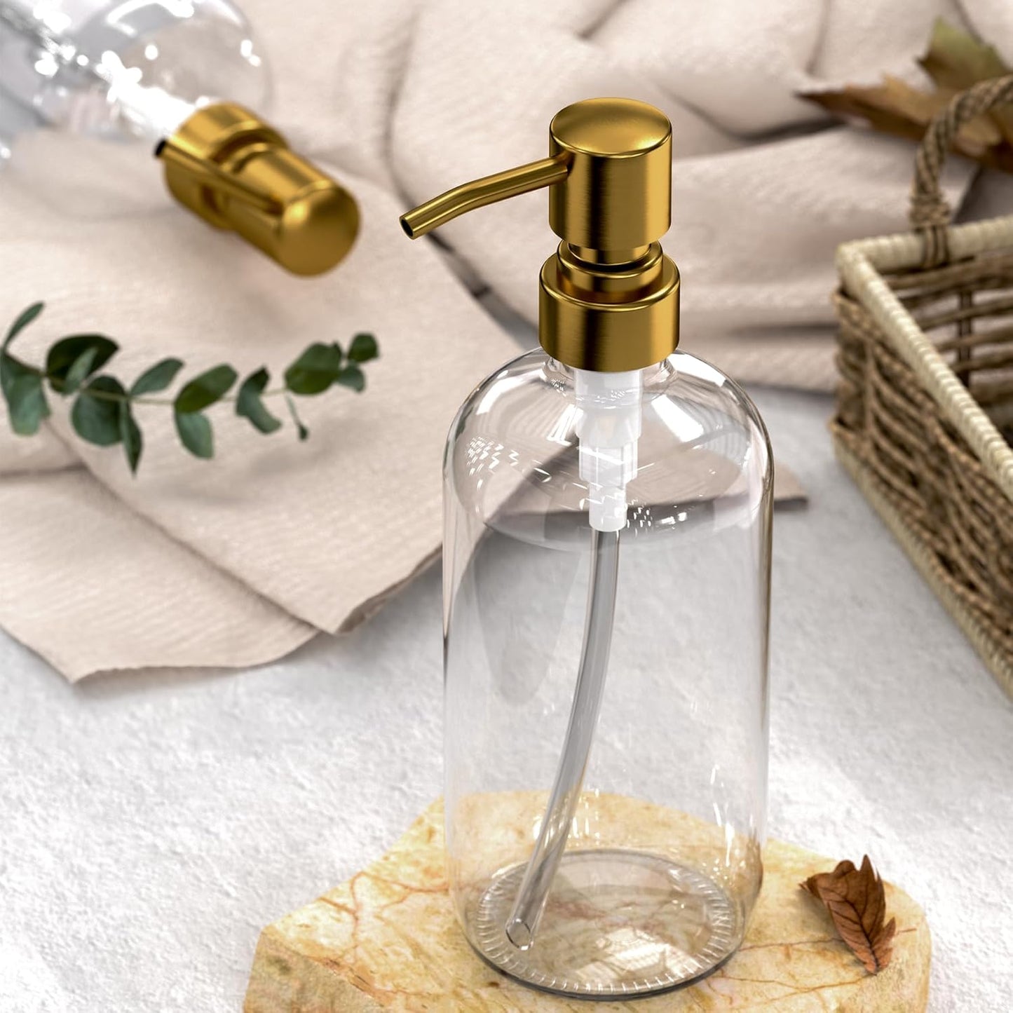 AmazerBath Soap Dispenser, 2 Pack Glass Soap Dispenser with Pump Stainless Steel, 17 Oz Clear Gold Hand Soap Dispensers for Bathroom and Kitchen