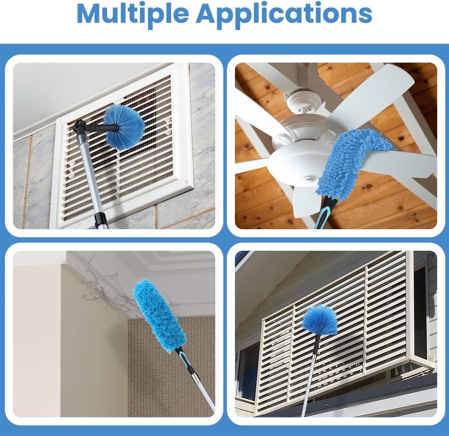 30ft High Ceiling Duster Kits with 5-24ft Heavy Duty Extension Pole - Fan Blade Cleaner, Cobweb Remover & Blue Window Squeegee Kit, Washable Dust Brush for High Roof and Glass Surfaces