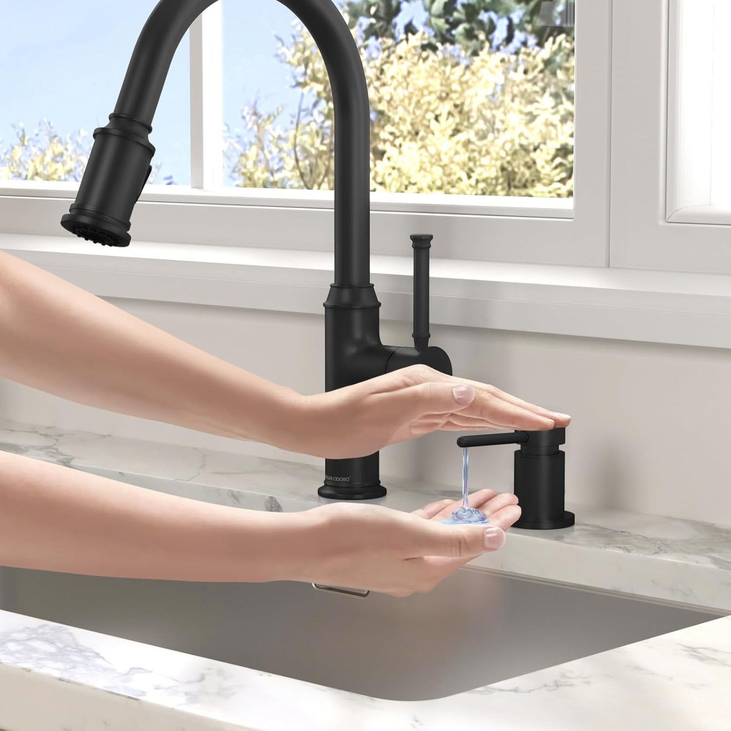 Lava Odoro Black Soap Dispenser for Kitchen Sink, Modern Brass Built in Countertop Pump Dispenser with 18 Oz Refillable Bottle, Kitchen Soap and Lotion Dispenser Spot-Free, Matte Black, KSD-21