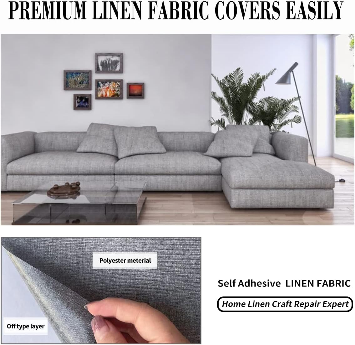 Fabric Repair Patches, 17X158 Inch Linen Repair Tape Self-Adhesive Fabric Patches Durable, DIY Large Linen Tape for Sofa, Couches, Furniture, Chair, Clothing （17X158 Inch, White）