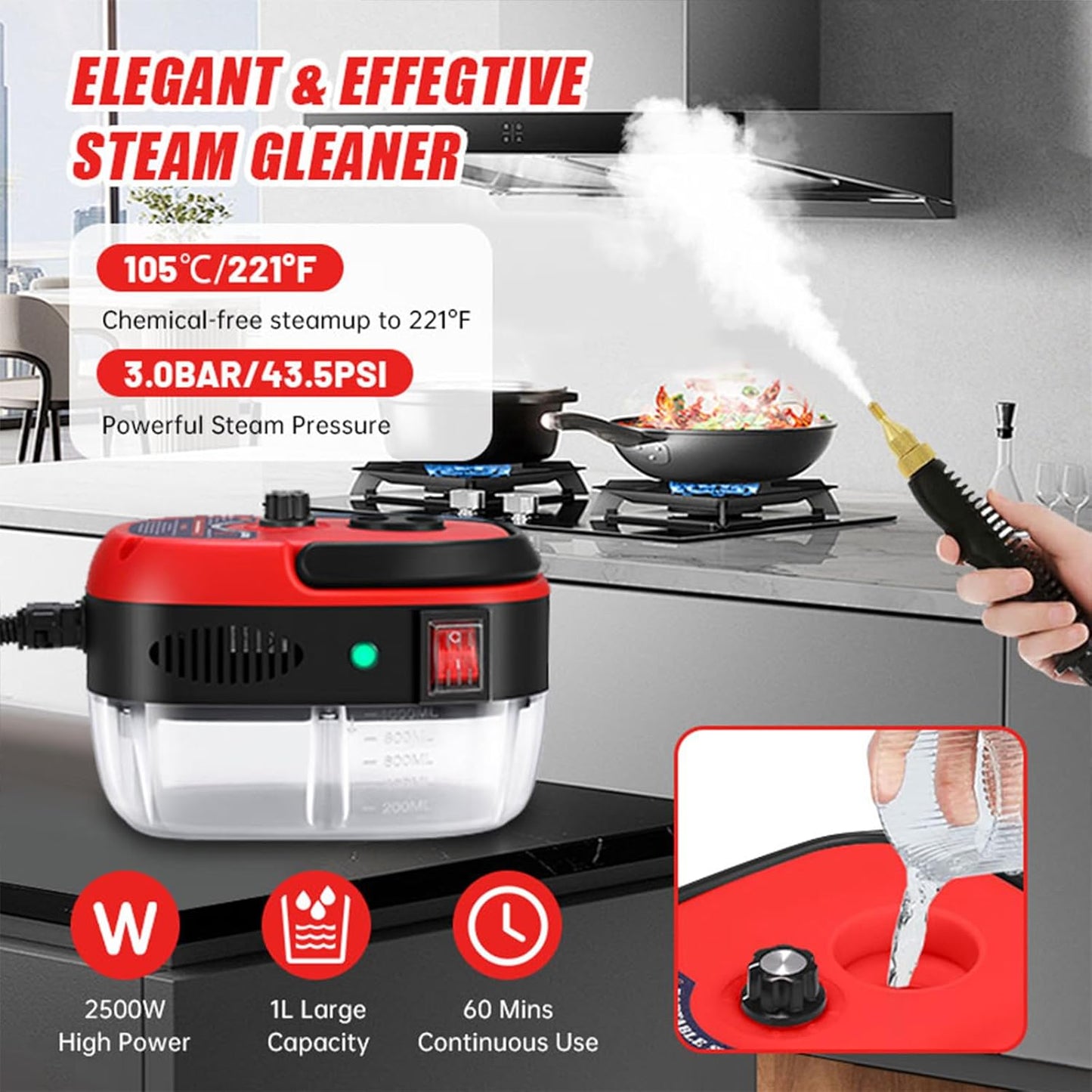 Handheld Steam Cleaner, 2500W Portable High Temp Bathroom Power Steamer Cleaning Machine High Pressure Steam Cleaner For Home Use Kitchen Grease Car Detailing