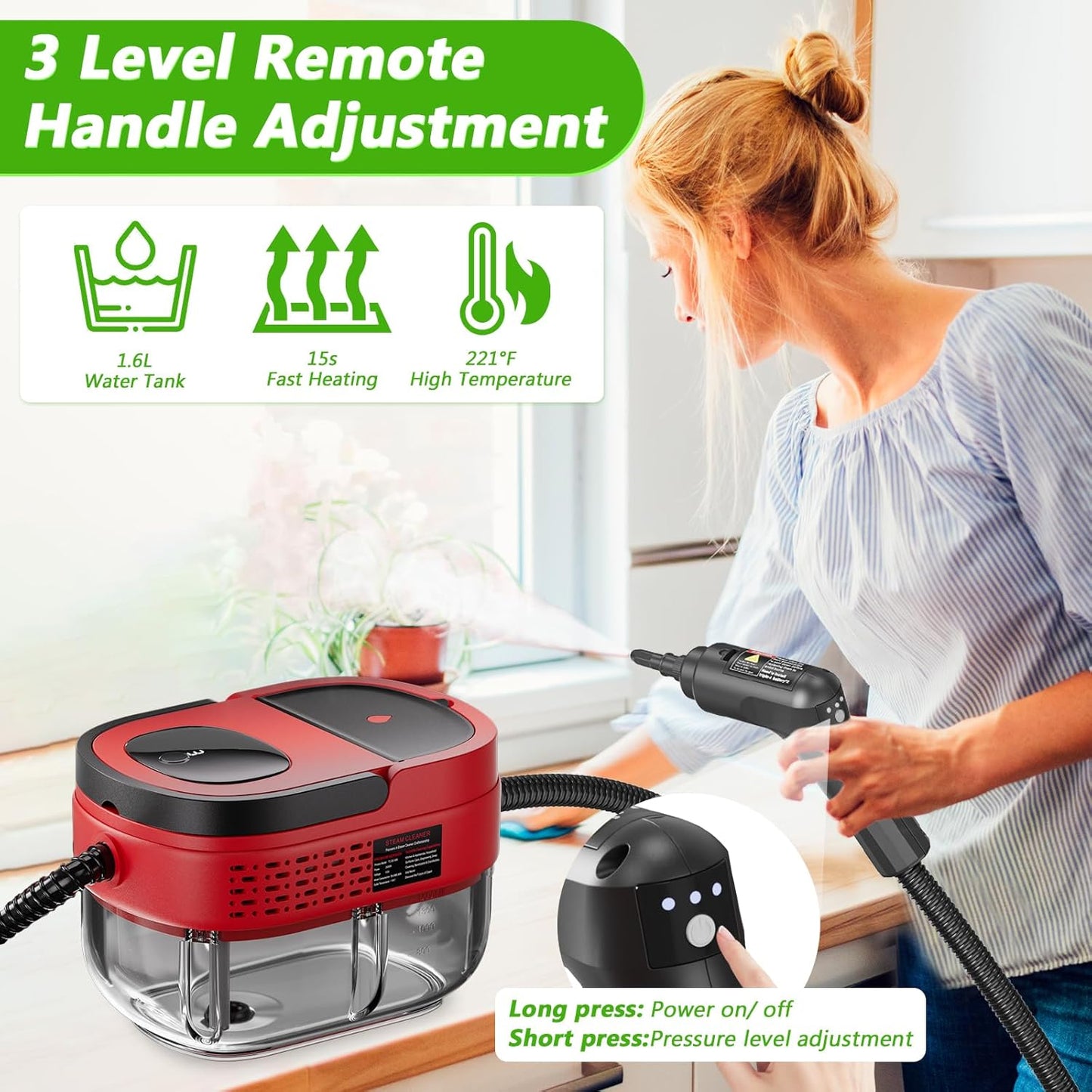 Handheld Steam Cleaner, 2500W High Pressure Steamer for Cleaning, Portable Steam Cleaner with 1.6L Water Tank, 3 Levels Adjustable Handle, Steam Cleaner for Home, Car, Furniture, Bed Bugs (Red)
