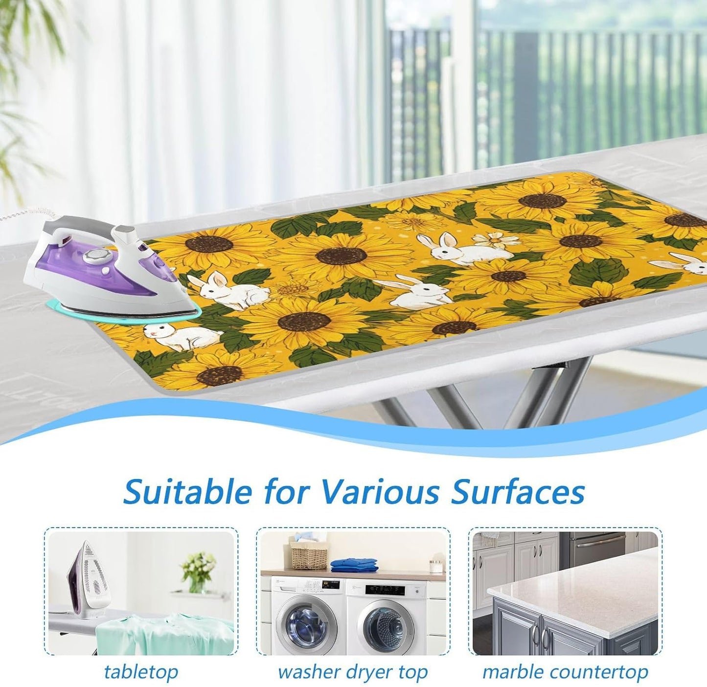 Ironing Mat Portable Ironing Pad Ironing Blanket for Table Top Heat Resistance Double-Side Using Travel Large 47.2 x 27.6 Inch Foldable Lightweight Autumn Sunflower and Cute Rabbit