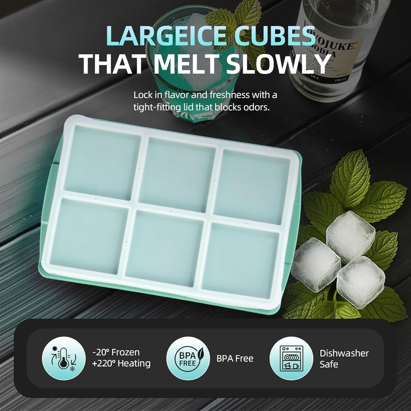 Large Ice Cube Trays for Whiskey (2 Pack) - Silicone Ice Cube Molds with Steel Frame Reinforcement & Lid, 2-Inch Square Ice Cubes for Whisky, Cocktails, Coffee, Tea - Easy Release