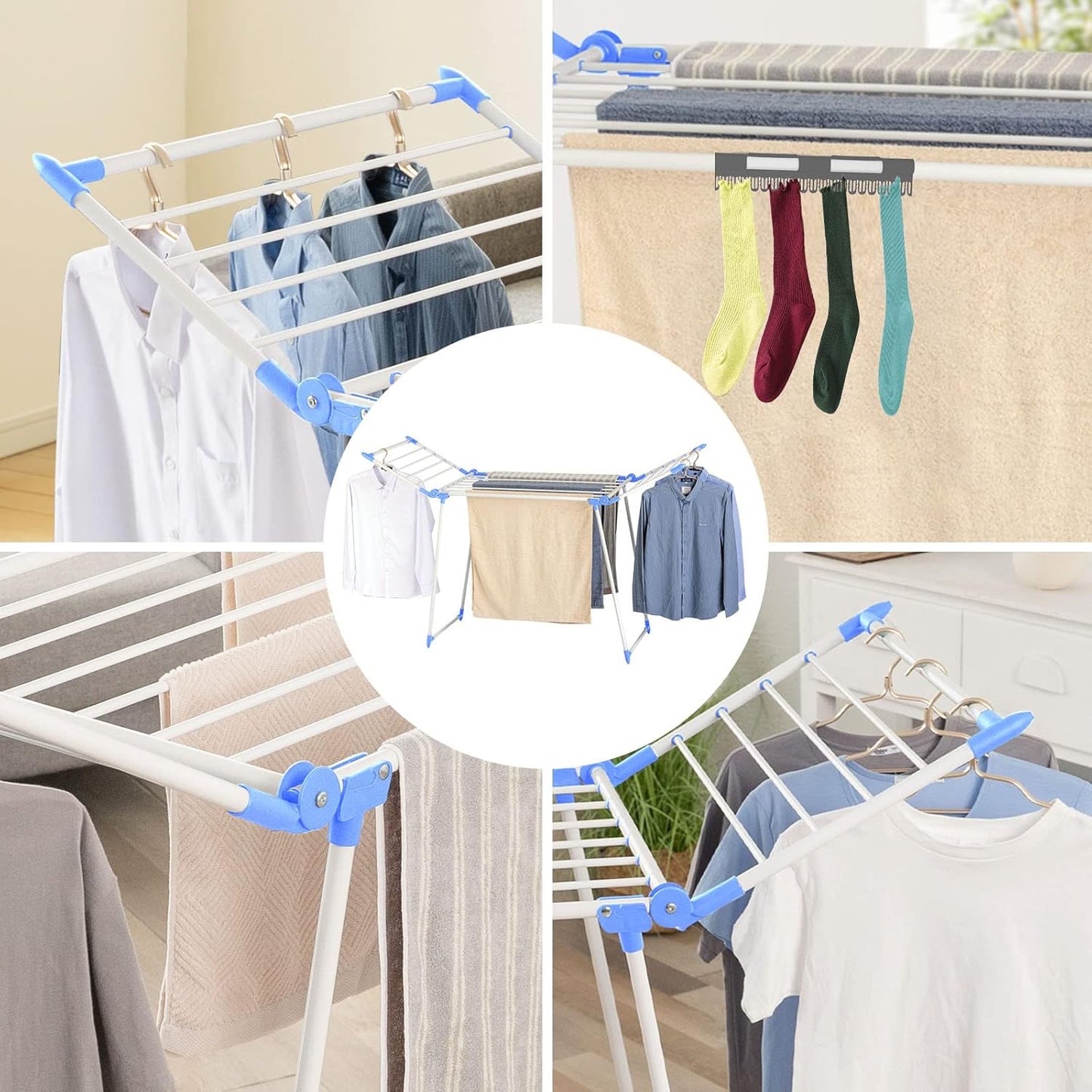 Clothes Drying Rack, Gullwing Laundry Rack, Collapsible, Space-Saving Laundry Rack, with Bonus Sock Clips, for Clothes, Towels, Linens, Indoor/Outdoor, Blue