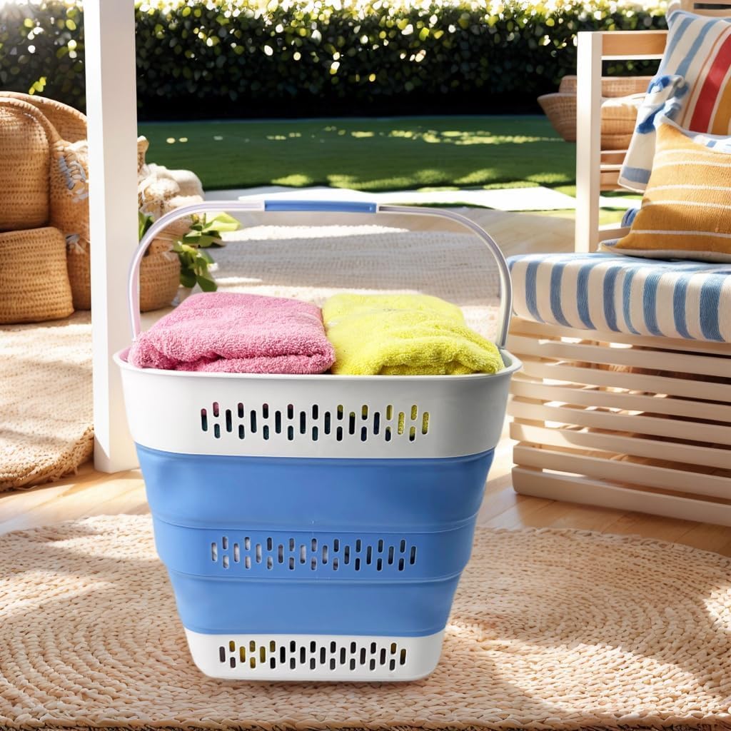 SAMMART 40L (10.5 Gallon) Collapsible Plastic Laundry Basket with Handles - Foldable Pop Up Storage Container/Organizer - Portable Laundry Hamper - Space Saving (1, Grey/Little Boy Blue)