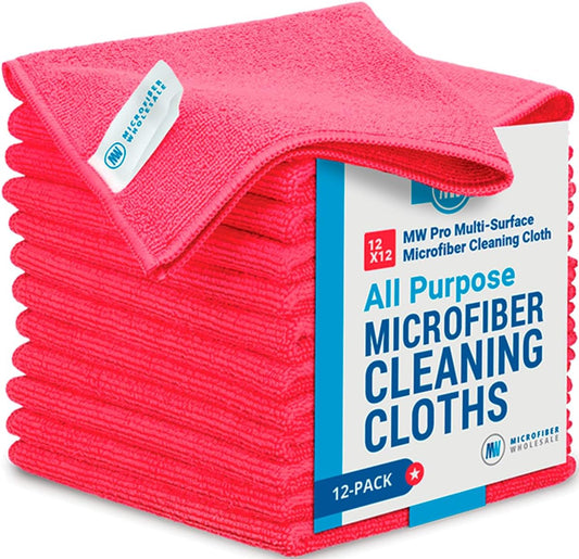 12" x 12" MW Pro Multi-Surface Microfiber Cleaning Cloths | Red - 12 Pack | Premium Microfiber Towels for Cleaning Glass, Kitchens, Bathrooms, Automotive, Supplies & Products