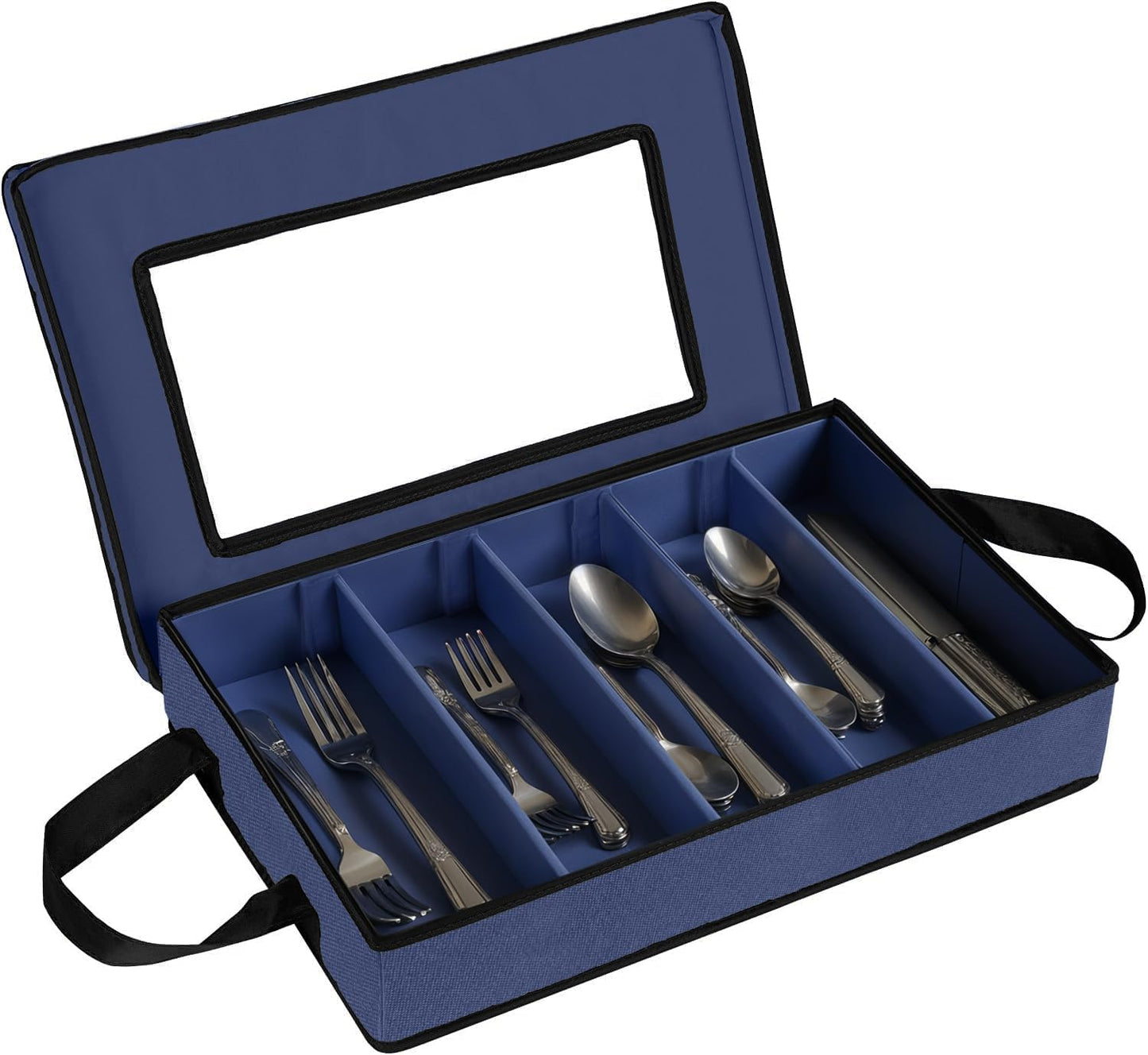 Flatware Storage Case - Durable 5 Compartment Silverware Storage Container Box with Removable Lid and Easy to Carry Handles - Large Capacity Keeps Your Cutlery Organized & Protected - Blue