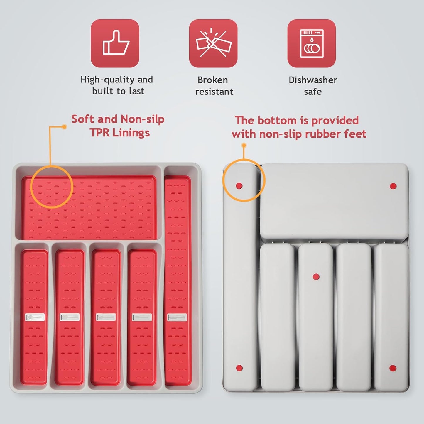 Silverware Organizer with Cutlery Icons，Silverware Tray for Kitchen Drawer，Plastic Flatware Tableware Cultery Drawer Organizer Utensil Organizer with Non-slip TPR Linings，6-Compartment