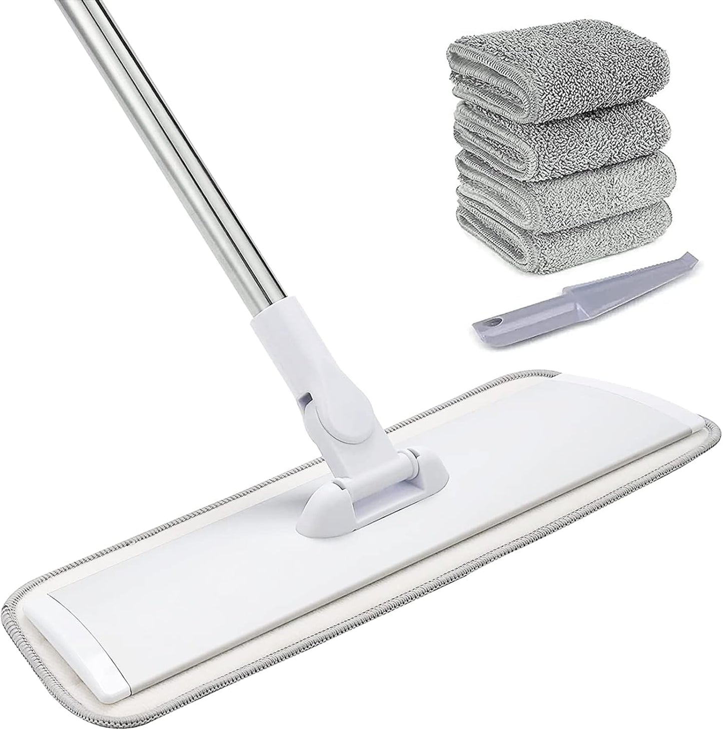 18" Professional Microfiber Mop Floor Cleaning System, Flat Mops with Stainless Steel Handle, 4 Reusable Washable Mop Pads, Wet and Dust Mopping for Hardwood, Vinyl, Laminate, Tile Cleaning (White)