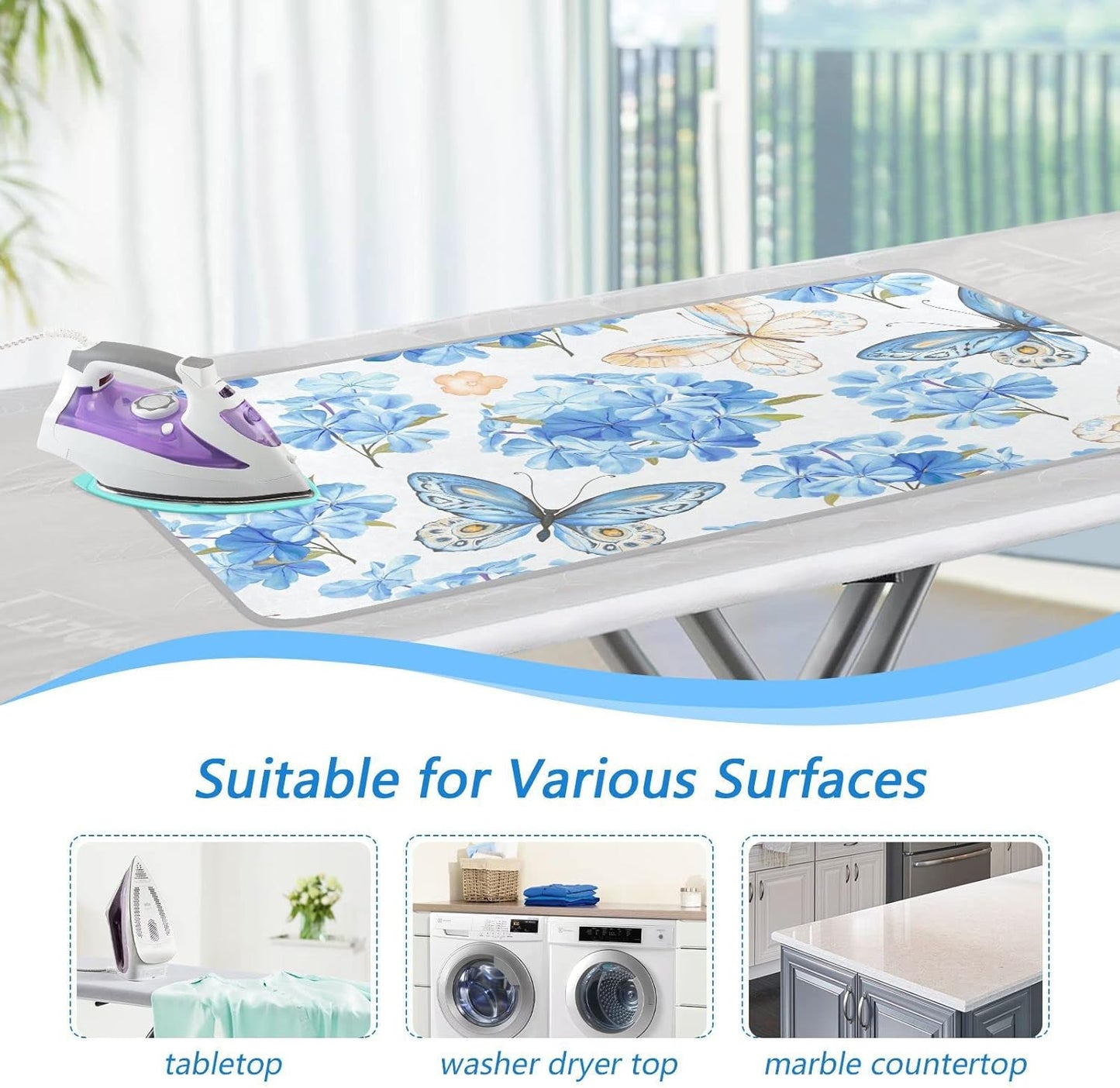 Ironing Mat Portable Ironing Pad Ironing Blanket for Table Top Heat Resistance Double-Side Using Travel Large 47.2 x 27.6 Inch Foldable Lightweight Blue Floral Butterfly