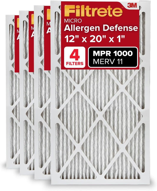 Filtrete 12x20x1 AC Furnace Air Filter, MERV 11, MPR 1000, Micro Allergen Defense, 3-Month Pleated 1-Inch Electrostatic Air Cleaning Filter, 4 Pack (Actual Size 11.81x19.81x0.81 in)