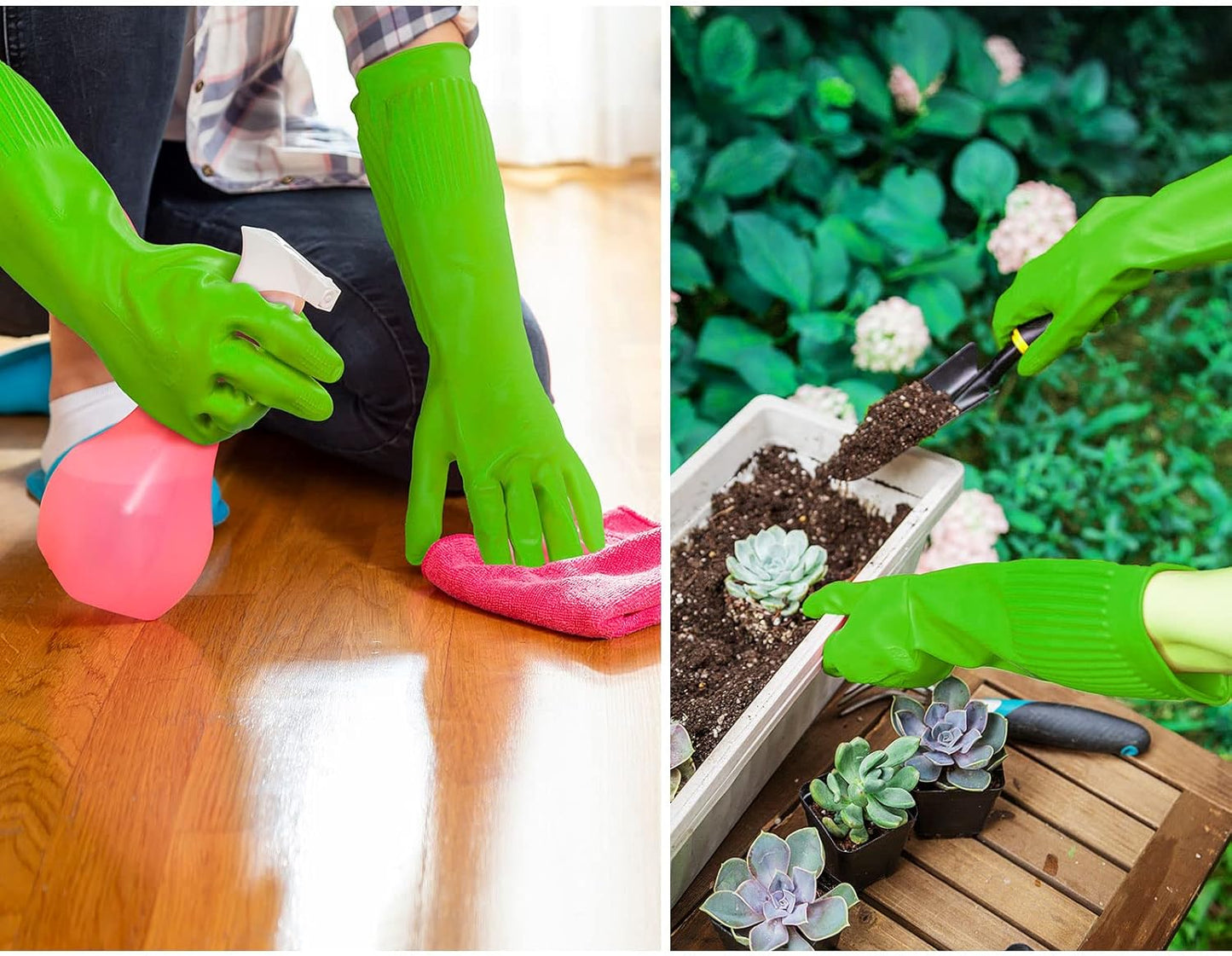 Vgo... 1-Pair Dishwashing Gloves, Reusable Household Gloves, Kitchen Gloves, Long Sleeve, Thick Latex, Cleaning, Washing, Working, Painting, Gardening, Pet Care (Size M,Green, RB2143)