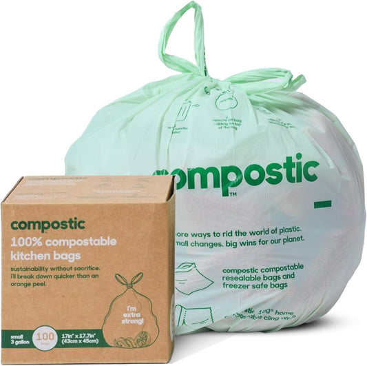 Compostic Home Compostable Trash Bags, 3 Gallon Small Kitchen Rubbish Bags (17” x 17.7”), Extra Strong & Quickly Breaks Down, 100 Count