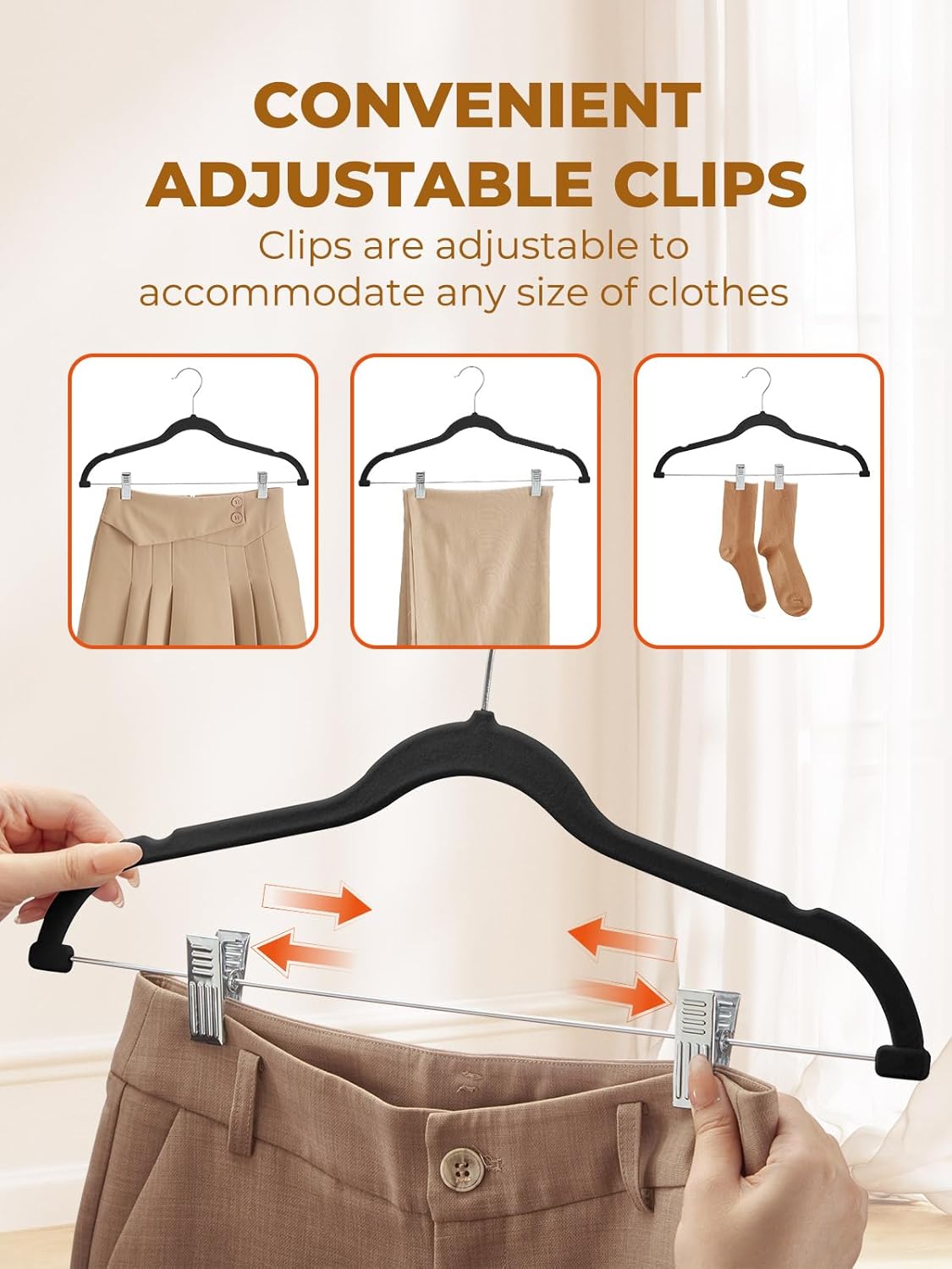 HOUSE DAY Velvet Skirt Hangers 12 Pack, Black Velvet Pant Hangers with Adjustable Clips, Space Saving Slim Shorts Hanger, Heavy Duty Non Slip Clip Hanger for Pants, Skirts, Shorts