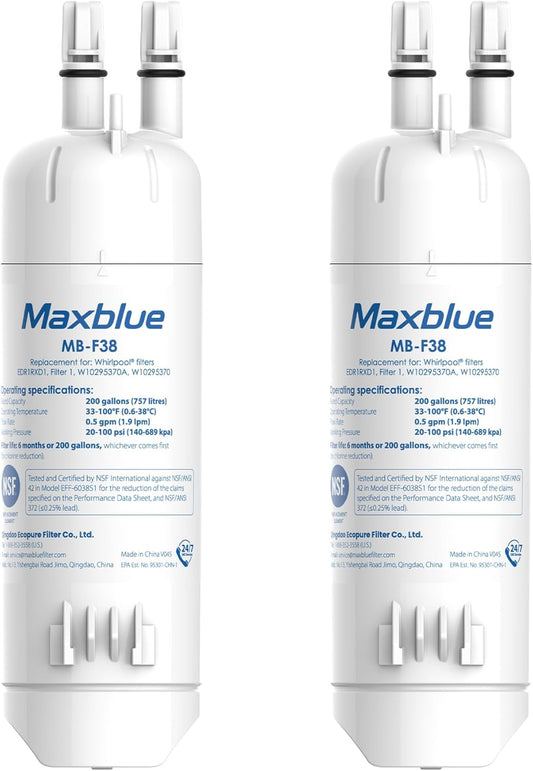 Maxblue EDR1RXD1 Replacement for Everydrop® Filter 1, Whirlpool® W10295370A, EDR1RXD1B, P8RFWB2L, P4RFWB, MB-F38, Kenmore® 46-9081, 46-9930 Refrigerator water filter, 2 Filters