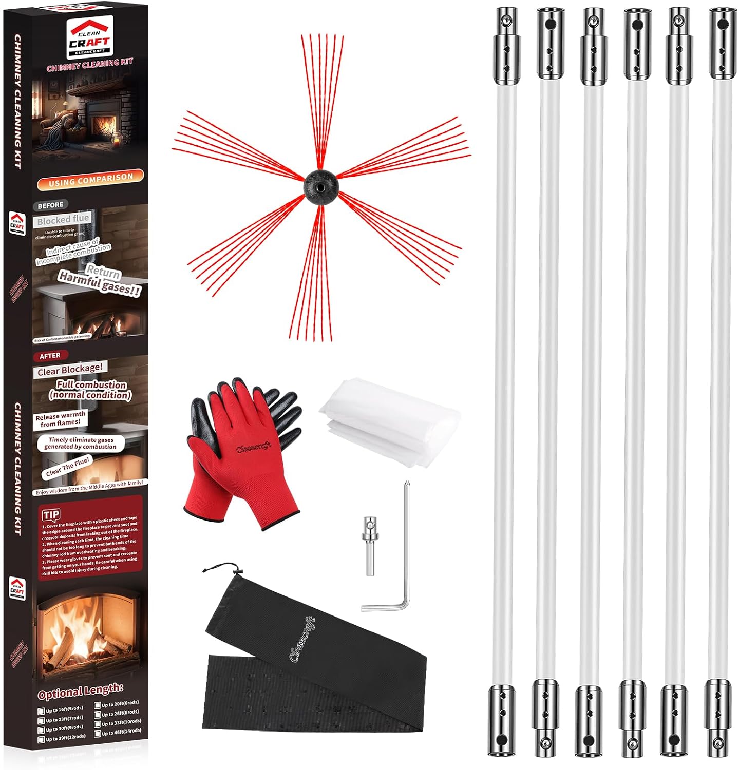 20 Feet Chimney Sweep Kit, Chimney Cleaning Kit with 6 Flexible White Chimney Rods, Rotary Chimney Cleaning System Driven by Drill for Sweeping Fireplace, Chimney Cleaners with Strong Brush