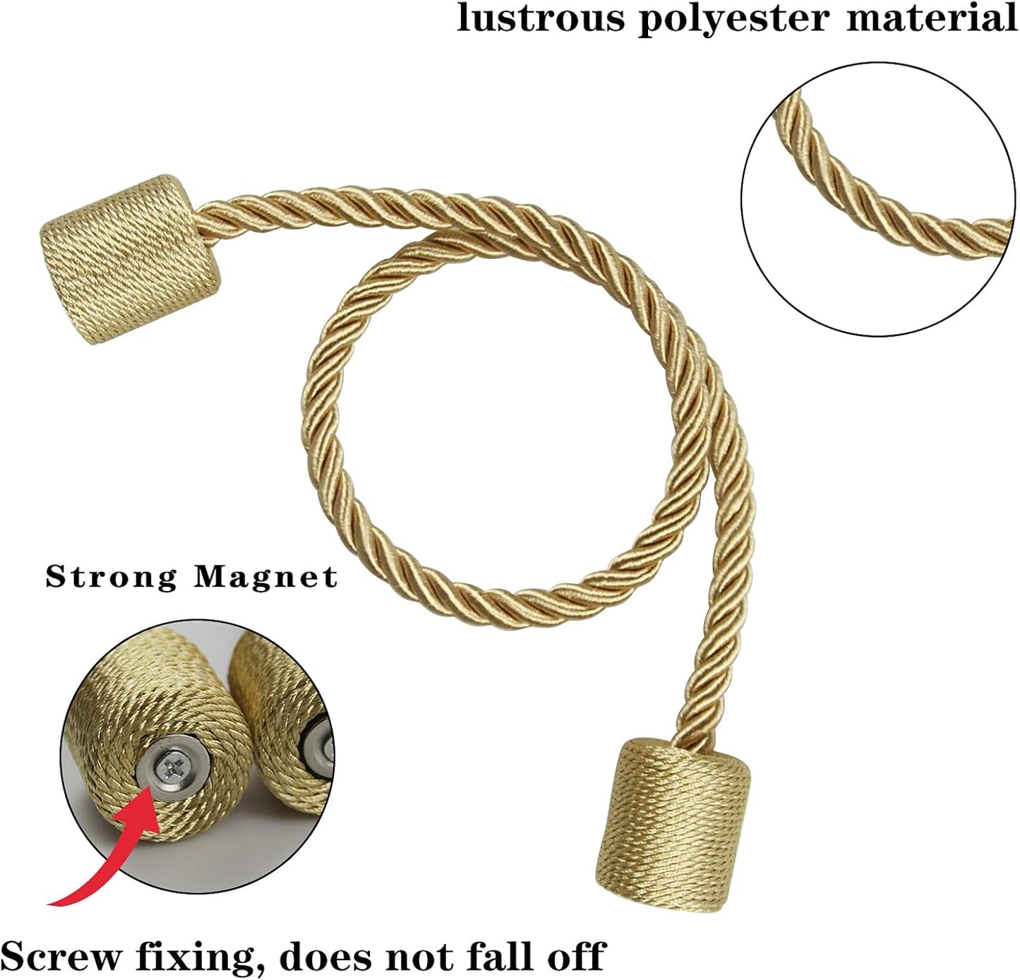 2 Pack Strong Magnetic Curtain Tiebacks Outdoor Elegant Decorative Tie Backs Modern Rope Tiebacks for Drapes Window Curtain Holdbacks for Draperies- Gold
