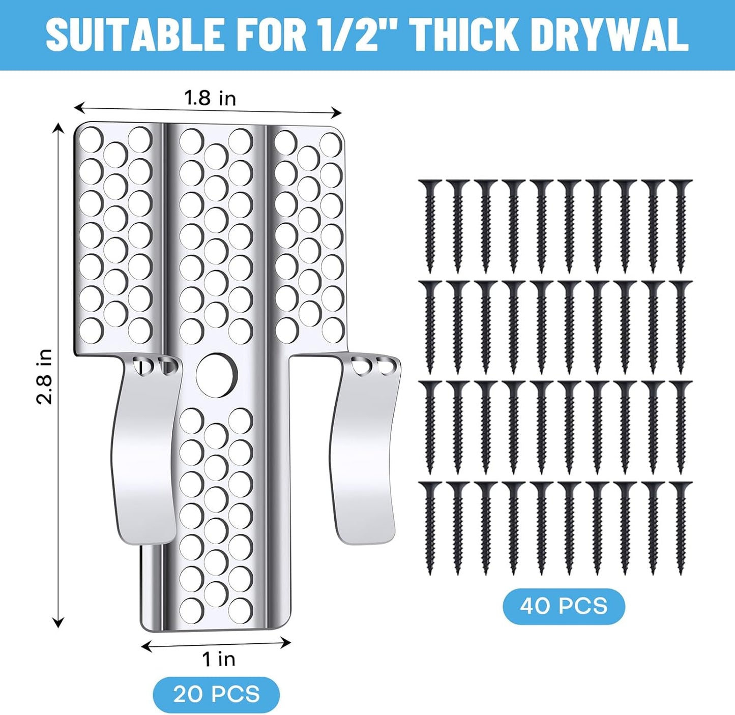 Drywall Repair Clips, 8 Pack Stainless Steel Wall Patch Kit with 16 Screws for 1/2 Inch Sheetrock, Professional Drywall Hole Repair Solution for DIY Home Repair
