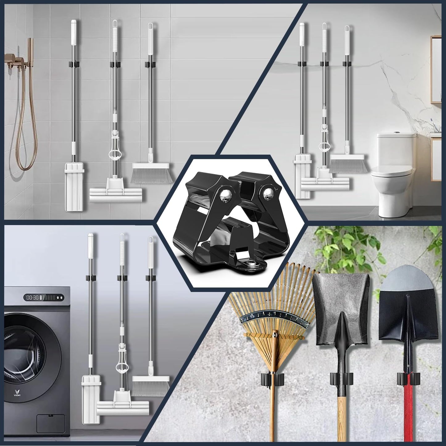 3-H Stainless Steel Broom Holder Wall Mount 30-Pack- Heavy Duty Mop Organizer, Wall Mounted Broom Storage with Secure Mounting for Kitchen Laundry Garage Bathroom (Space Saving)