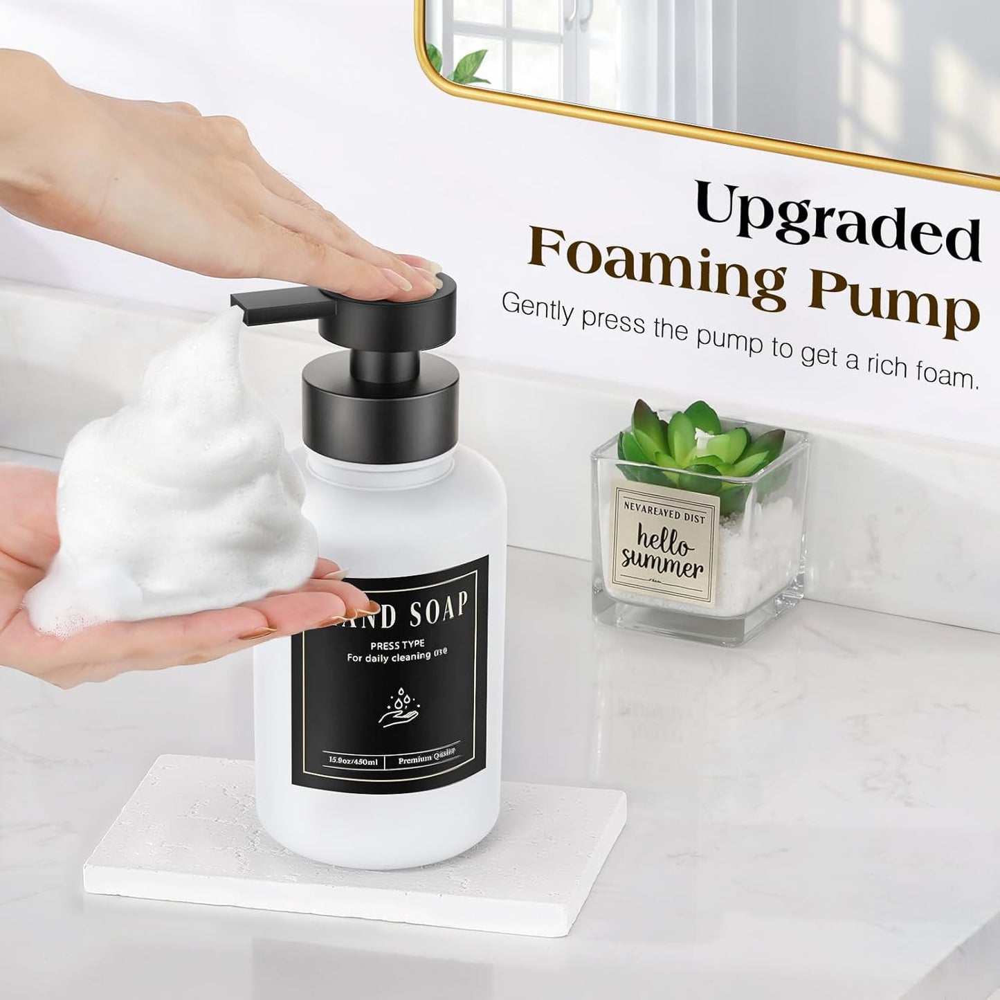 Luxspire Foaming Soap Dispenser, Glass Foam Pump Soap Dispenser, Non-Slip Hand Soap Container with 5 Waterproof Labels, 15 Oz Refillable Liquid Soap Holder for Bathroom & Kitchen, White, 2 Pack