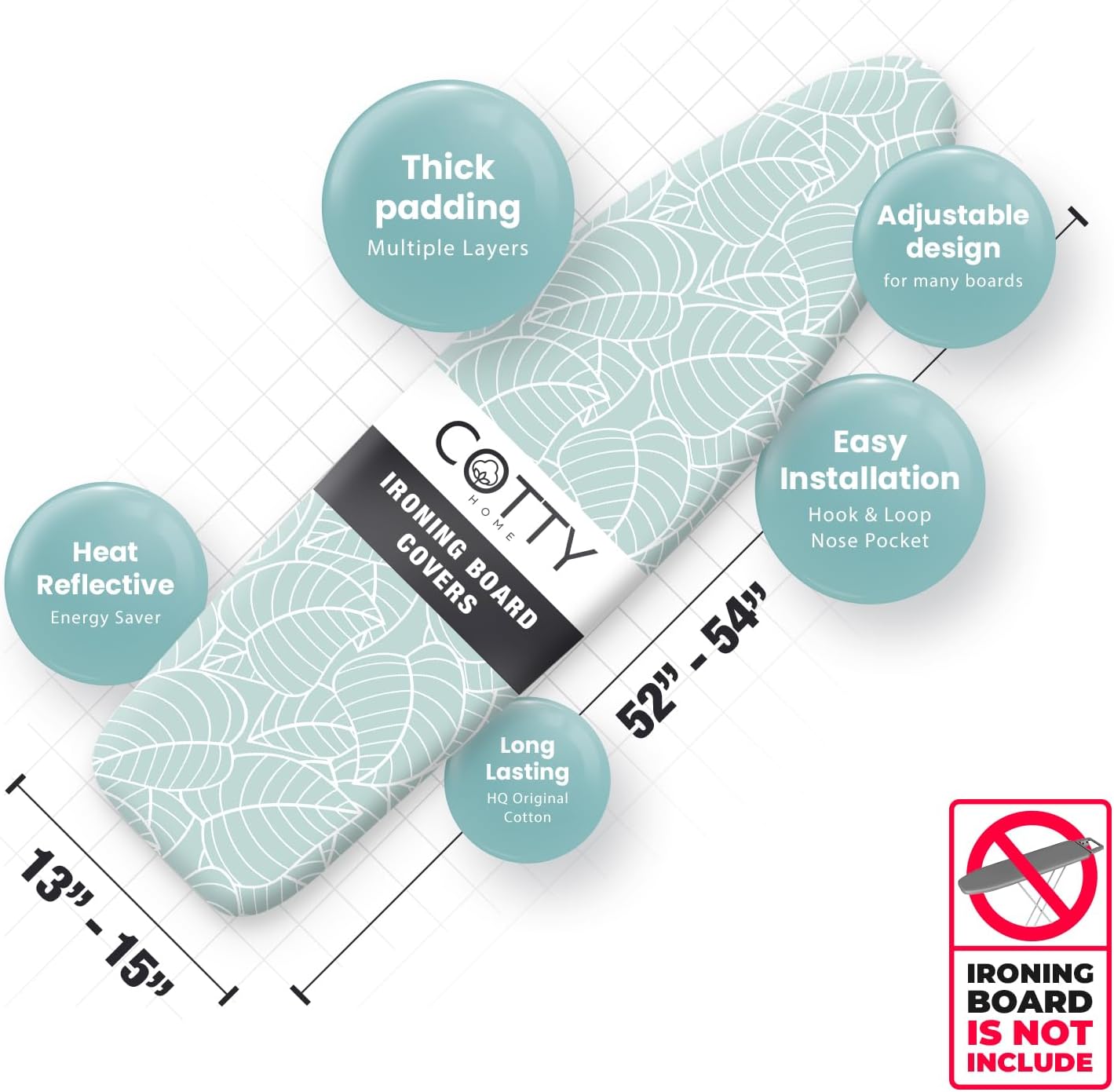 Extra Thick Ironing Board Covers with Pad Standard Size 15x54, Snug Fit Adjustable Drawstring Tightening with Stopper, Heat Reflective Coating, Nose Pocket and Fastener Straps, Green Floral