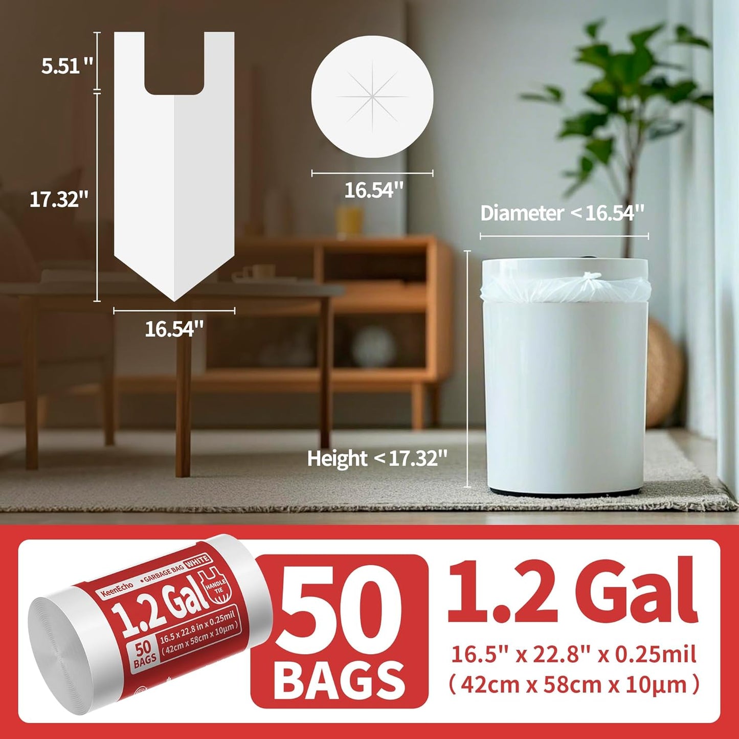 Small Trash Bags with Handles 1.2 Gallon 50 Count White - Ocean Plastic Upcycling - Plastic Garbage Bags, Can Bin & Waste Basket Liner for Kitchen, Bathroom, Office and Pets