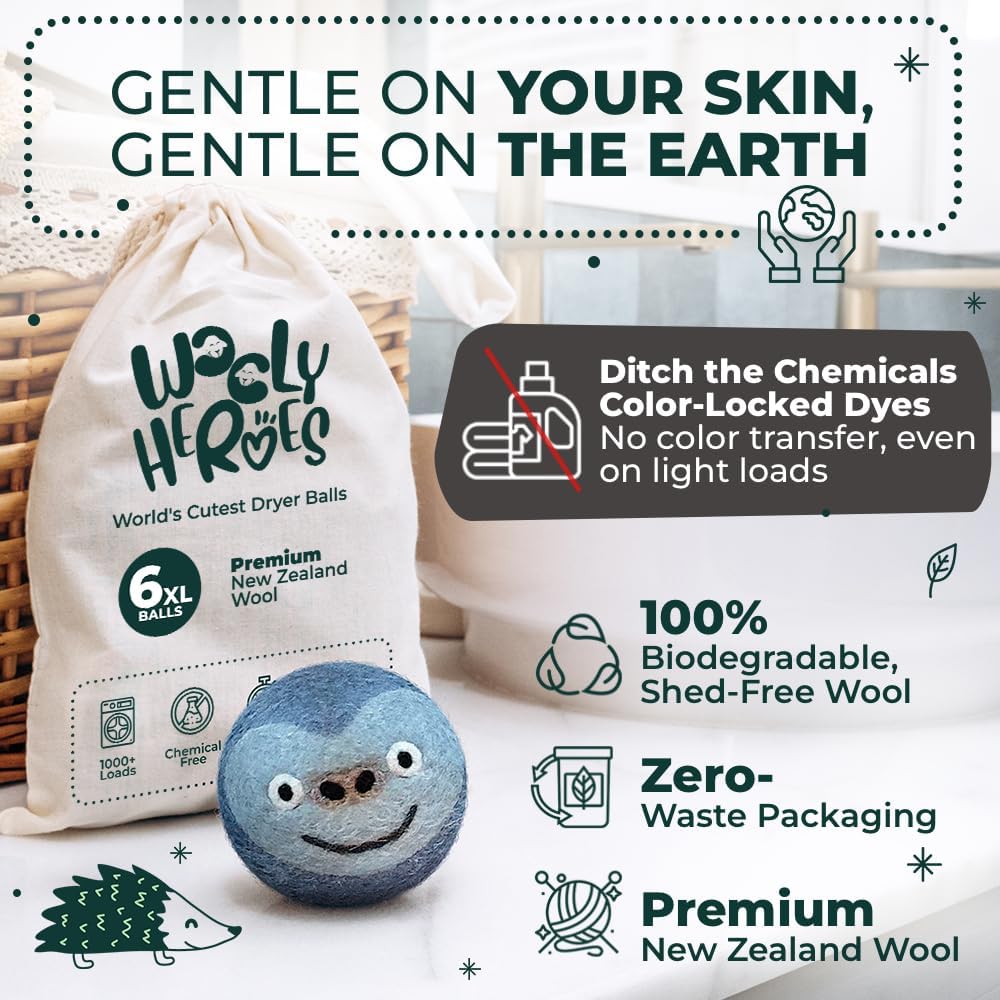 No More Dryer Sheets! Reusable Wool Dryer Balls XL 6-Pack - Reduces Static, Cuts Dry Time, & Softens Naturally