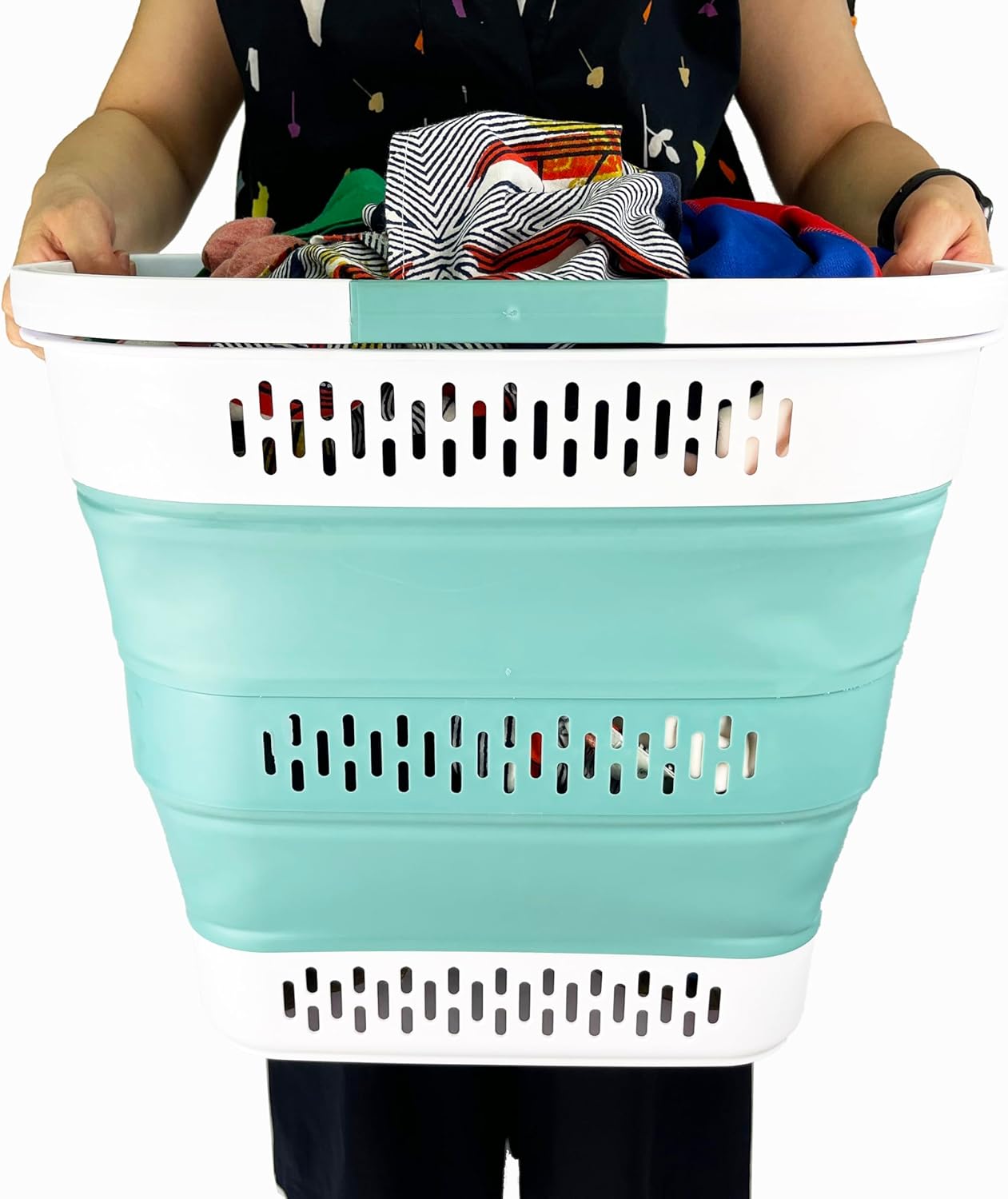 SAMMART 40L (10.5 Gallon) Collapsible Plastic Laundry Basket with Handles - Foldable Pop Up Storage Container/Organizer - Portable Laundry Hamper - Space Saving (1, White/Celadon Green)