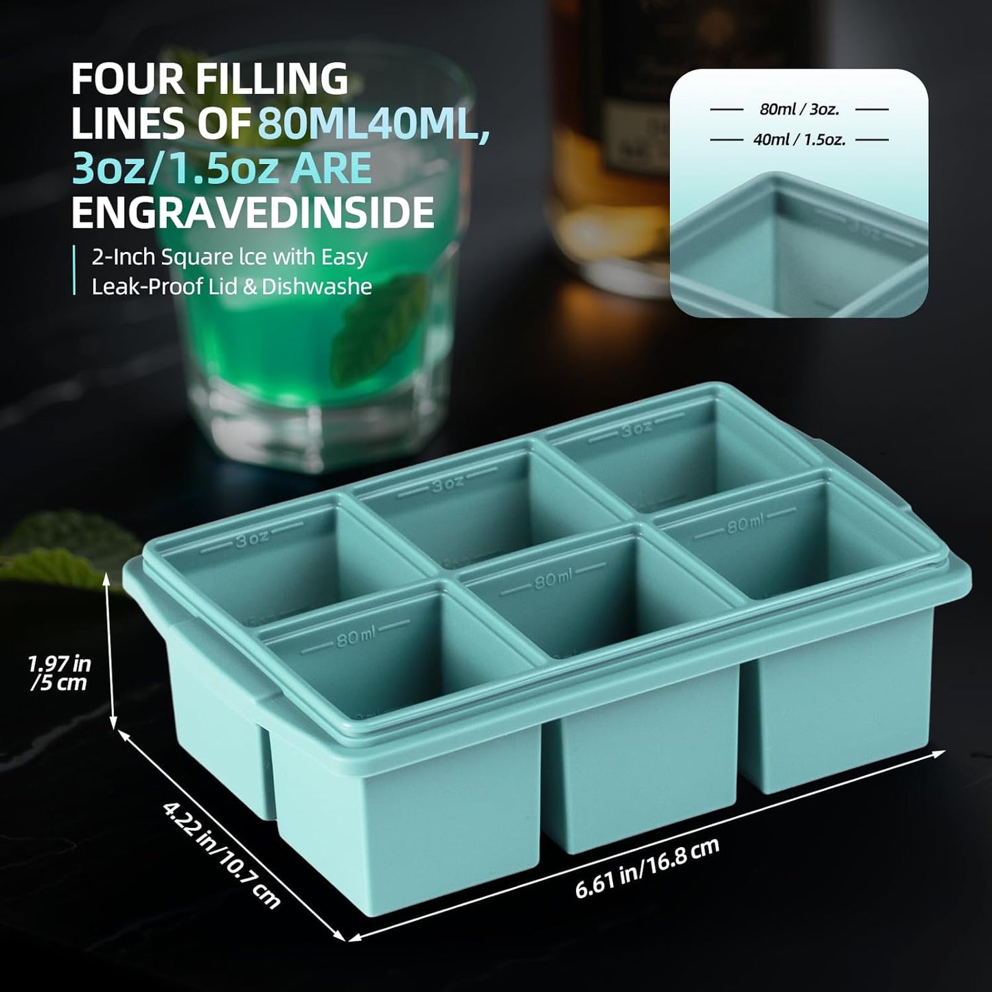 Large Ice Cube Trays for Whiskey (2 Pack) - Silicone Ice Cube Molds with Steel Frame Reinforcement & Lid, 2-Inch Square Ice Cubes for Whisky, Cocktails, Coffee, Tea - Easy Release