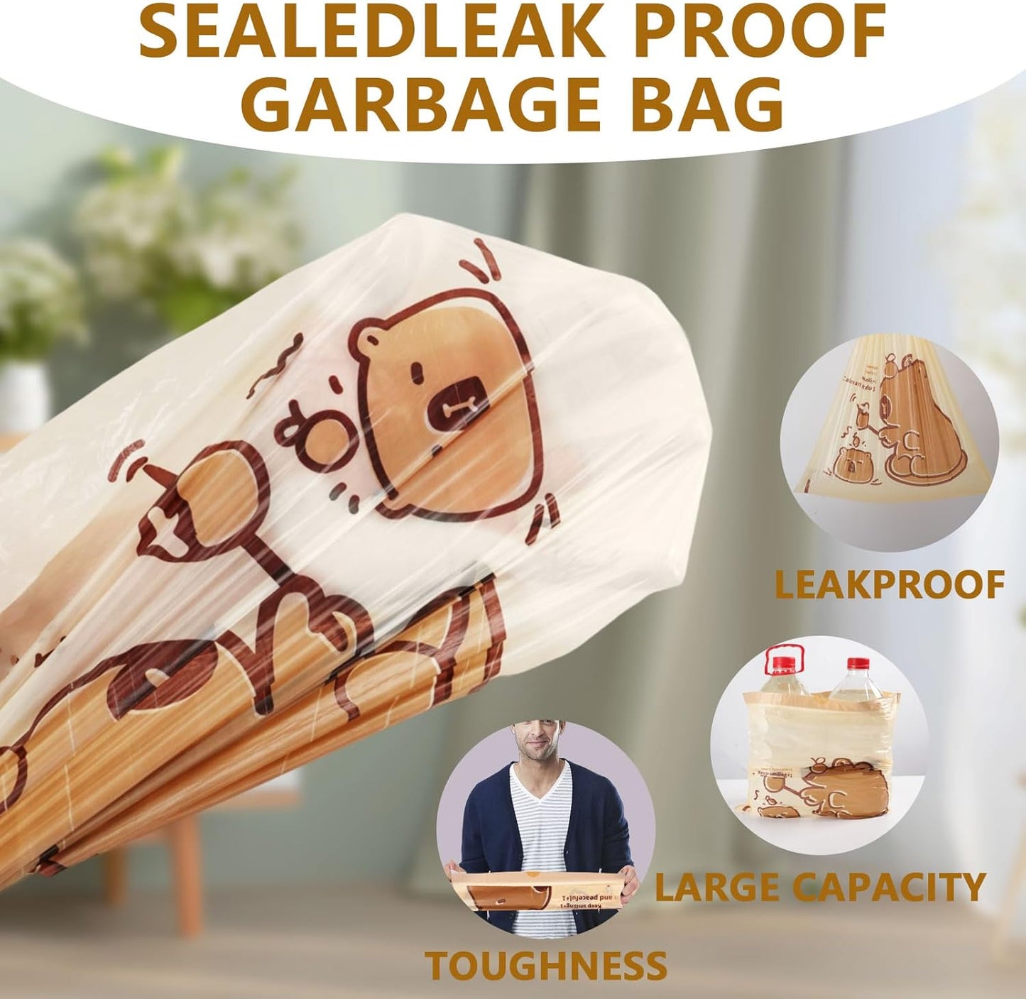 VOK 4 Gallon Trash Bags with Capybara Printed, Drawstring Small Garbage Bags, Tear-Resistant & Odor-Control Bathroom/Kitchen Trash Can Liners, Bathroom Trash Bags with Secure Tie, 50 Counts