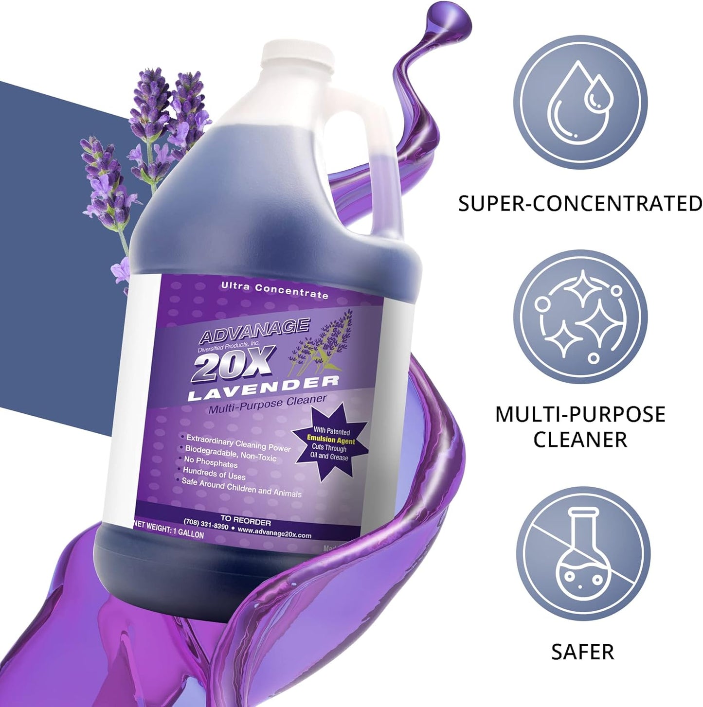 All Purpose Cleaner Concentrate - Advanage 20X The Wonder Cleaner Lavender for All Surfaces Around Bathroom, Kitchen, Oil and Grease, Multi Purpose Cleaner for Household Cleaning Solution | 128 FlOz