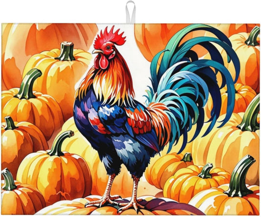 Rooster Pumpkin Dish Drying Mat Highly Absorbent Double-Sided Microfiber with Hanging Loop Reversible Drain Dish Rack Mat Drain Mat Suitable for Kitchen Countertop Coffee Bar 18 x 24 Inch