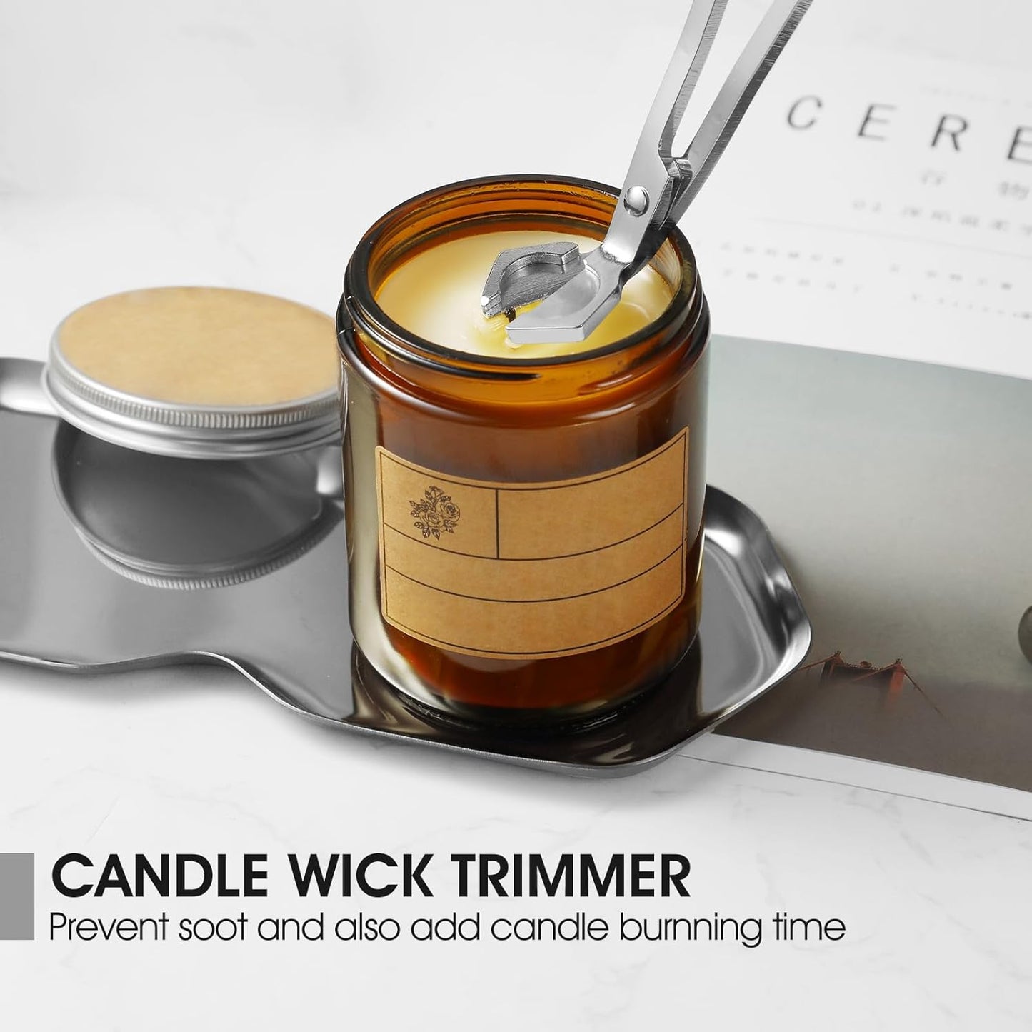 PATOISE 4 in 1 Candle Accessory Set, Wick Trimmer, Candle Snuffer, Wick Scoop, Storage Tray, Perfect for Candle Lovers (Silver)