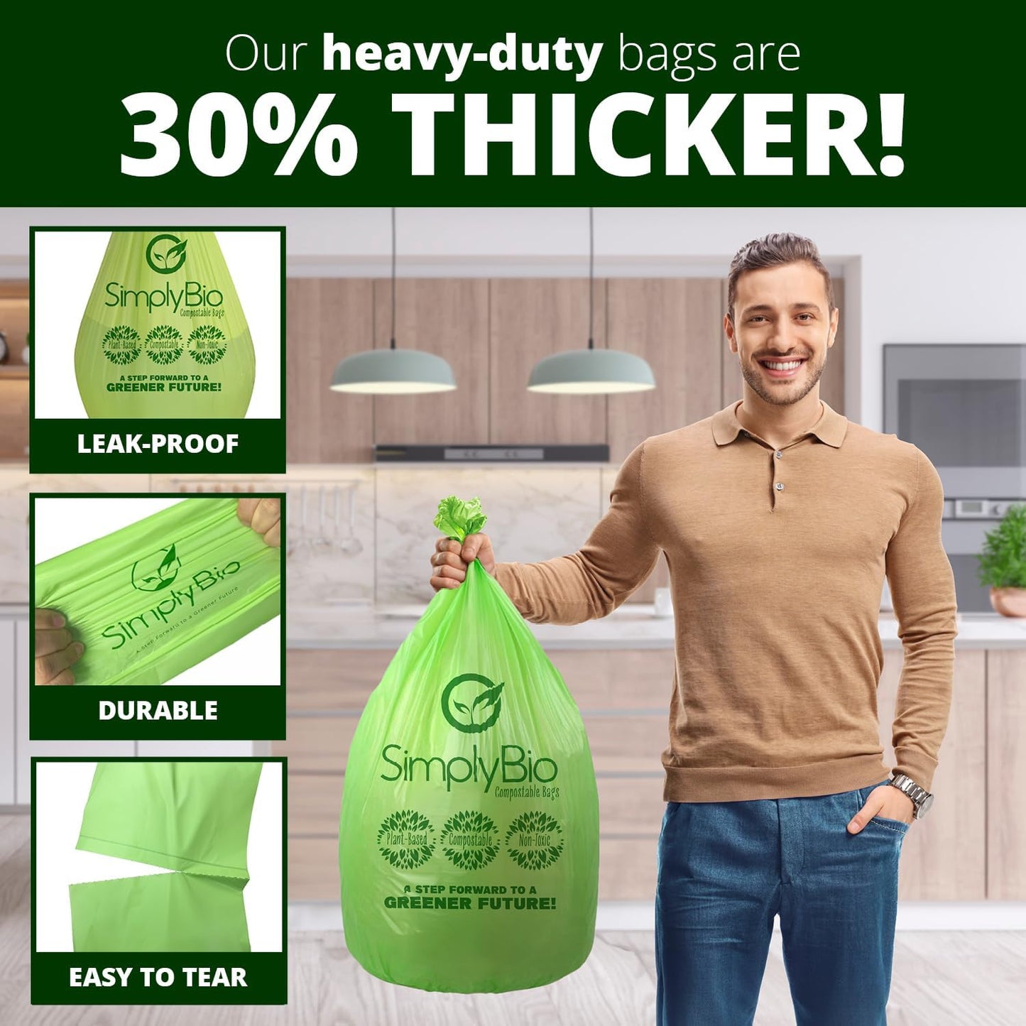 Simply Bio 13 Gallon Compostable Trash Bags Liners with Flat-Top, Thick 0.87 Mil, 49.21 Liter, 50 Bags, Tall Kitchen Food Scrap Waste Bag, ASTM D6400, US BPI and OK Compost Home Certified