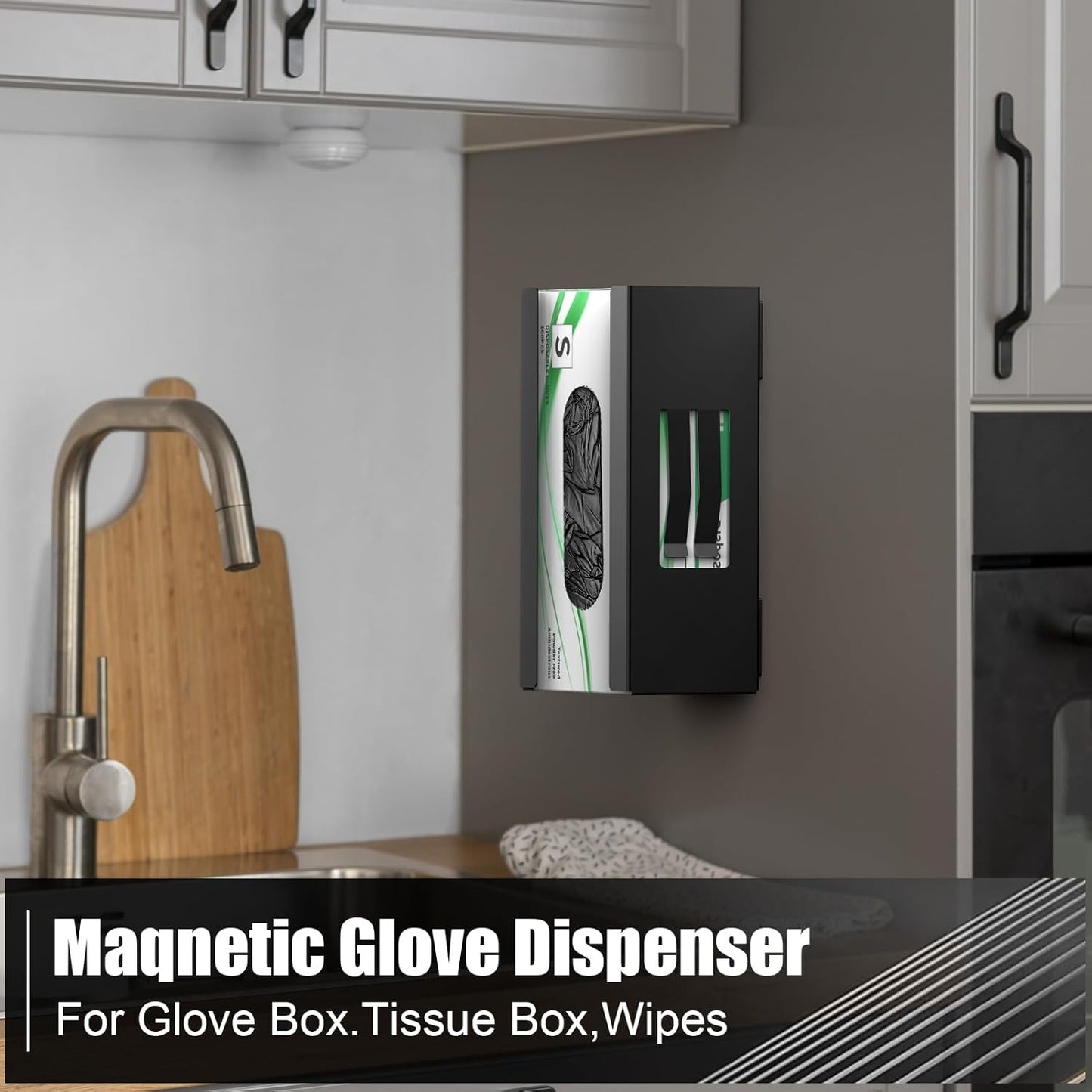 Magnetic Glove Box Holder, Disposable Glove Dispenser Wall Mount, Metal Glove Rack Organizer for Rubber Latex Gloves Tissue Box, Black