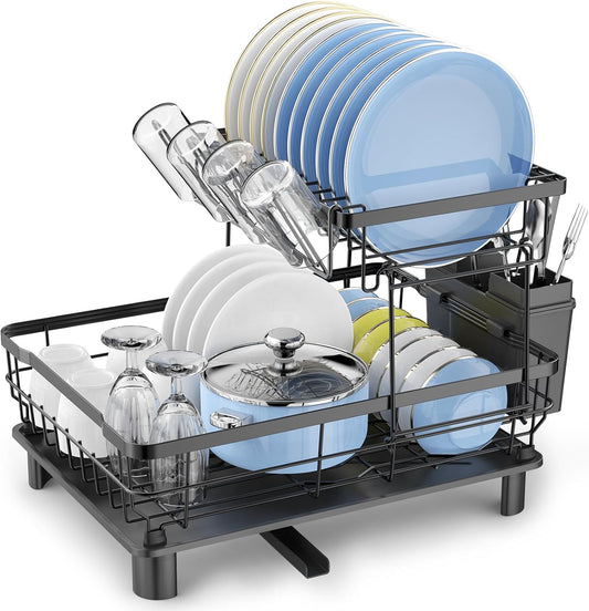 Dish Drying Rack, Space Saving & Durable, Rust-Proof Large 2 Tier Stainless Steel Dish Racks for Kitchen Counter with Cutlery & Cup Holder & Drainboard