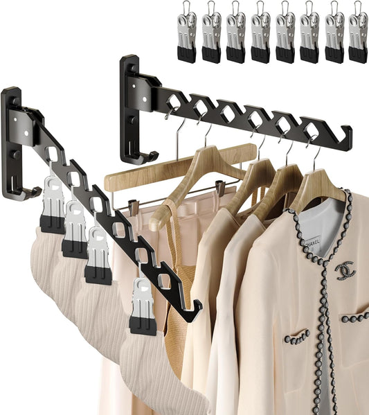 Wall Mount Coat Hanger Holder Black Clothes Drying Organizer Rack Garment Hooks Aluminium Retractable Folding Indoor Wall Mounted Hanger Space Saver for Laundry Room Bedroom Black 2 Pack with 8 Hooks