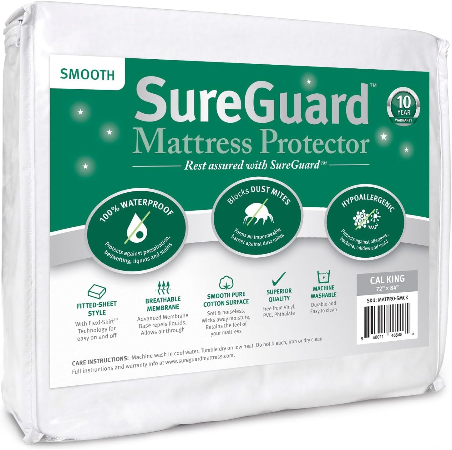 SureGuard California King Mattress Protector - 100% Waterproof, Hypoallergenic - Premium Fitted Cotton Cover - Smooth