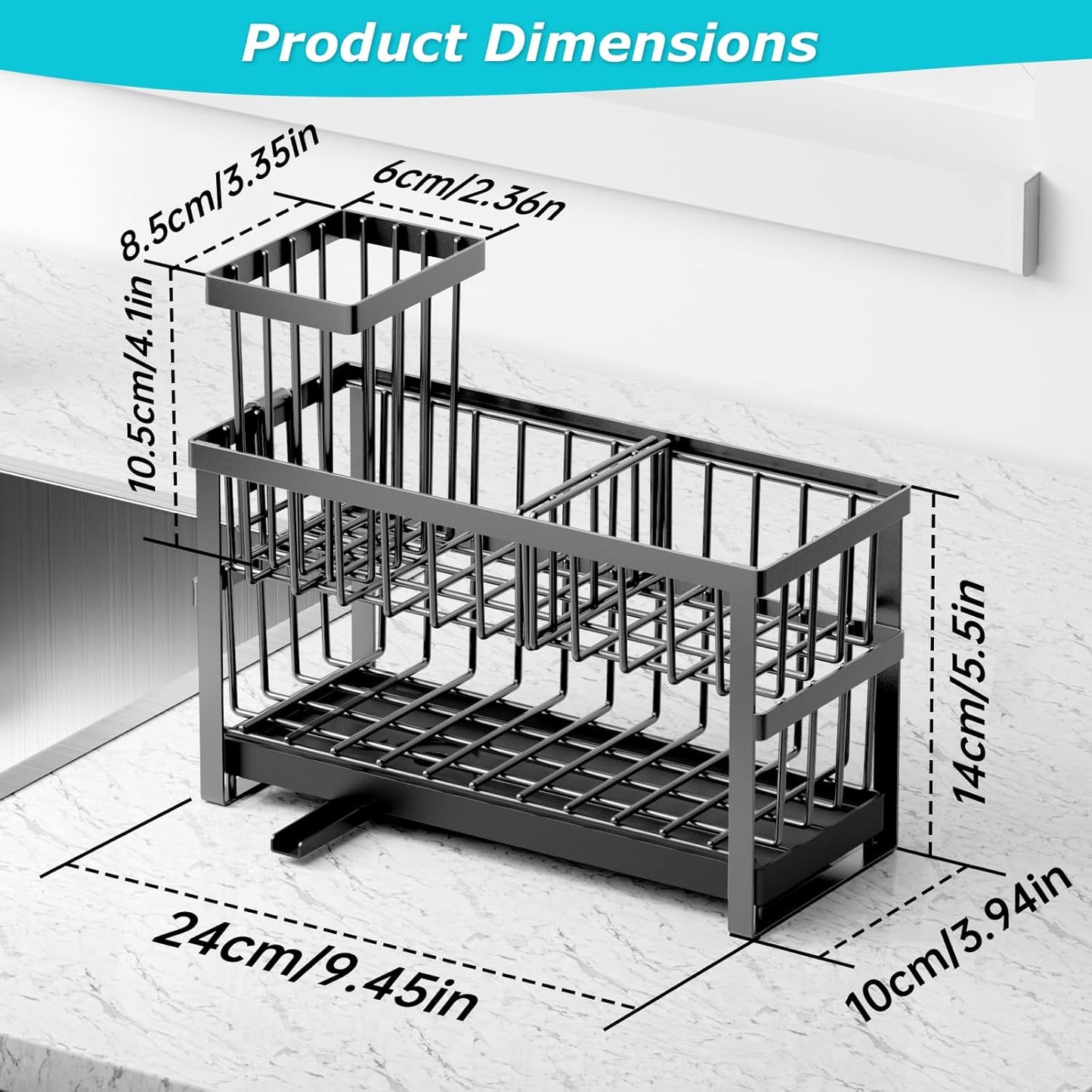Sponge Holder for Kitchen Sink, 2 Tier Sink Caddy Organizer Countertop with Dish Brush Holder and 360° Drain Tray, Rustproof Stainless Steel Dish Soap Storage Rack Set for Accessories Grey