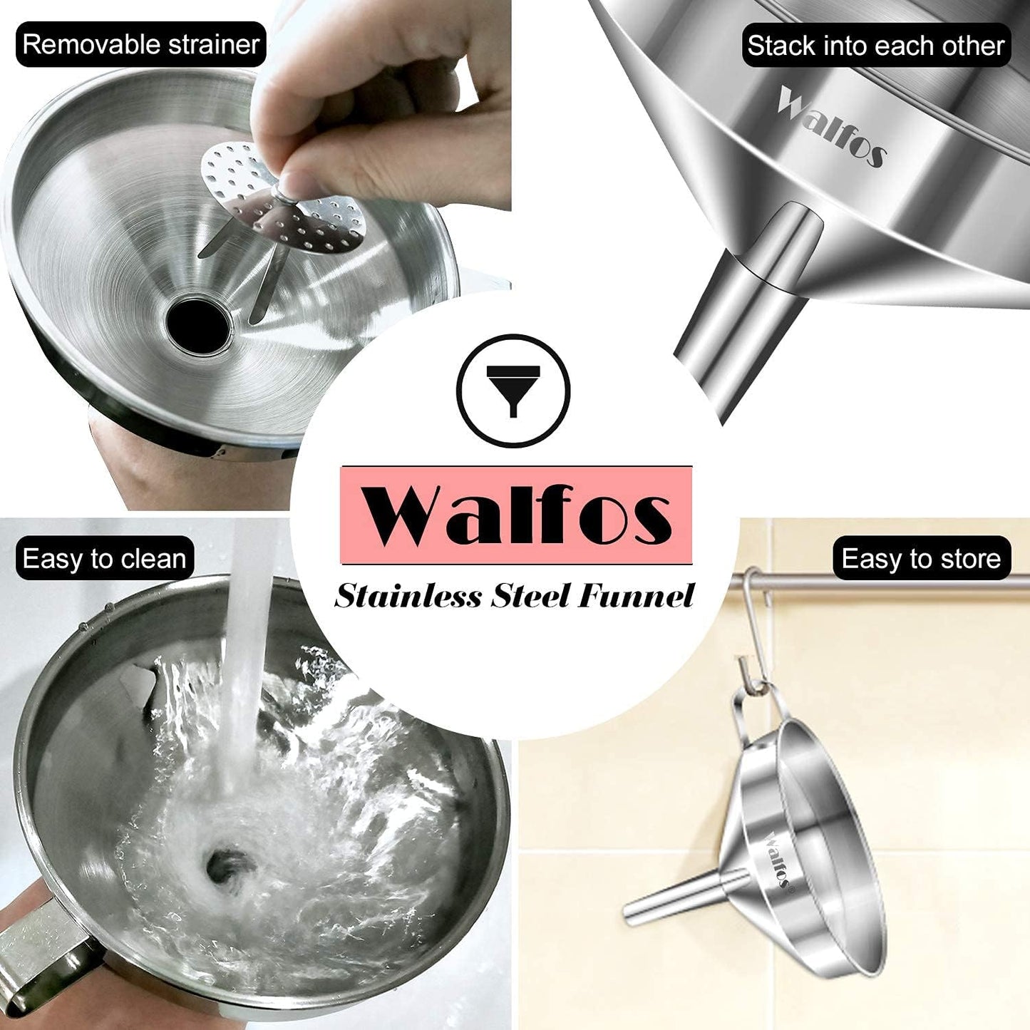 Stainless Steel Funnel, Walfos Kitchen Funnel with 2 Removable Strainer ＆ 1Pc Cleaning Brush, Perfect for Transferring of Liquid, Oils, Jam, Dry Ingredients & Powder (4.1")