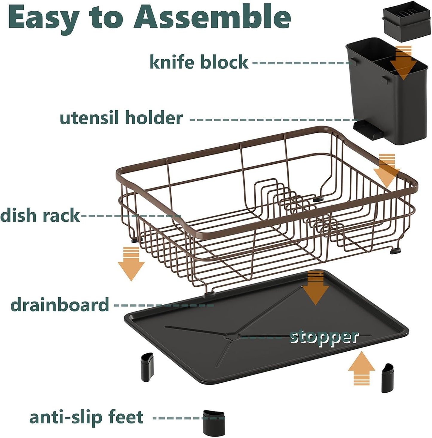 Iron Dish Drying Rack with Drainboard Dish Drainers for Kitchen Counter Extendable Spout Strainers with Utensil Holder and Knife Slots, Brown