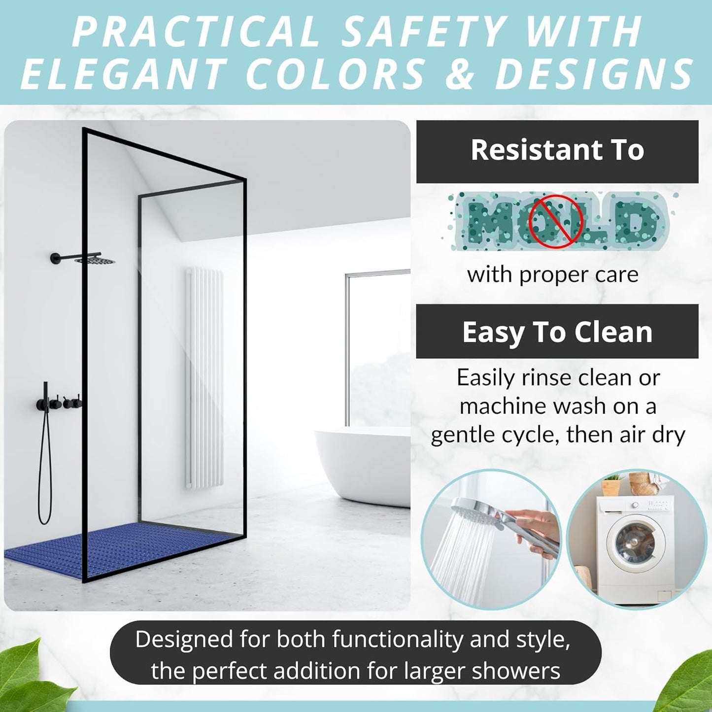 ENKOSI Extra Large Shower Mat Non Slip - 47 x 32 inch - XL Bathroom Shower Mat - Large Shower Matts for Shower Stall Floors - Secure Suction Cups and Drain Holes (47x32 Navy Blue)