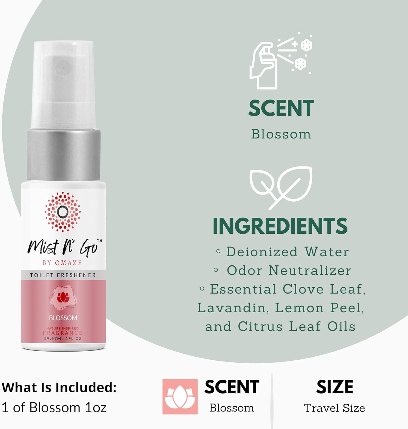 Mist N’ Go by Omaze Travel Bathroom Spray for Toilet Spray Odor Eliminator - Travel Toilet Spray for Bathroom Air Freshener Spray for Bathroom Deodorizer - Blossom Travel Size (1oz x1)