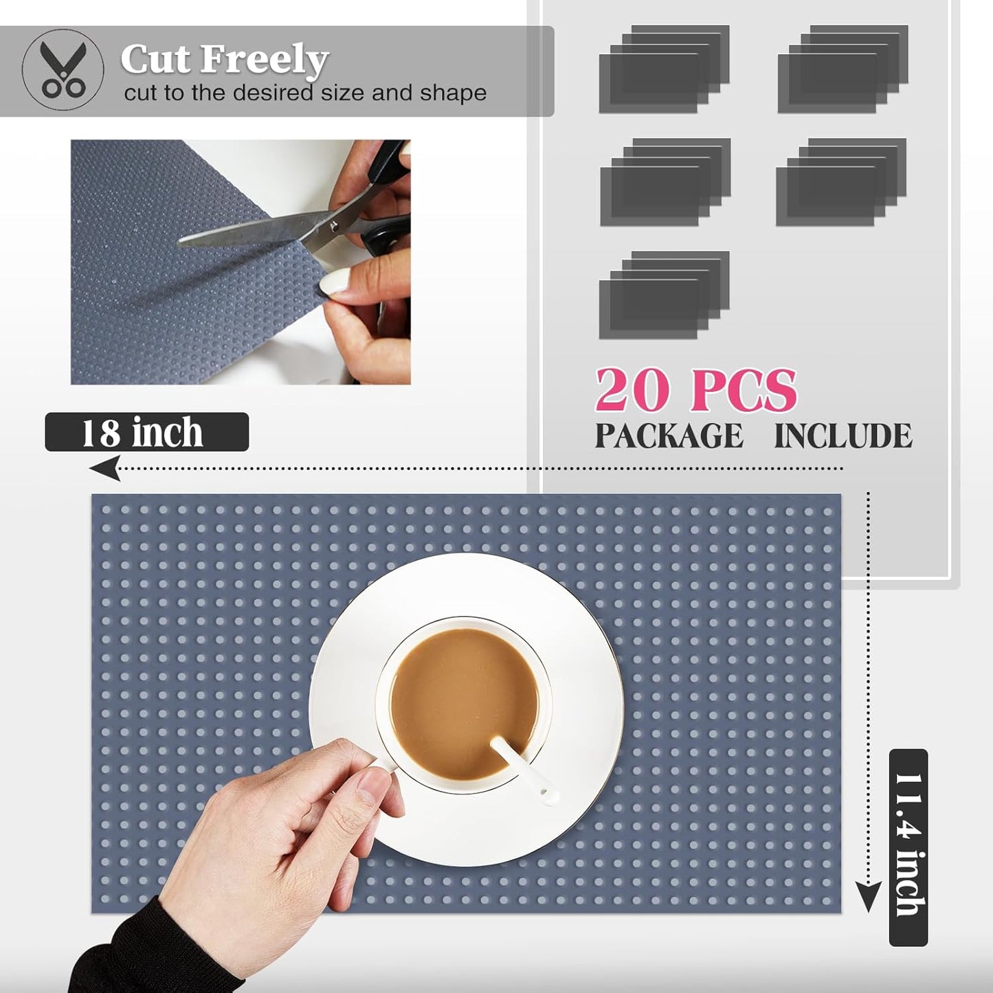 20Pcs Refrigerator Liners, Washable Fridge Liner Shelf Mats Refrigerator Pads for Cupboard Cabinet Drawer Home Kitchen Accessories Organization (Grey)