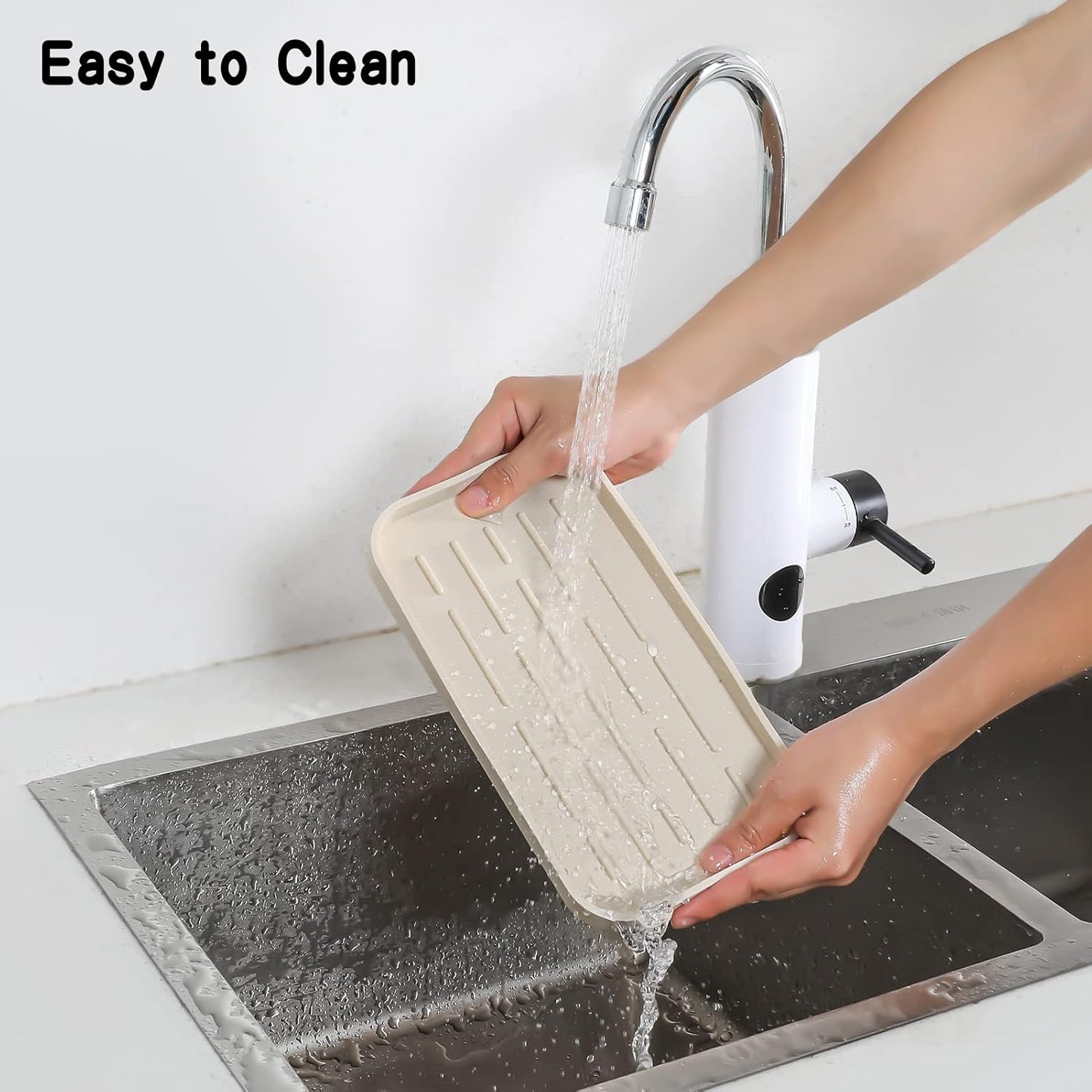 Silicone Kitchen Sink Organizer Tray for Multiple Usage,Eco-Friendly Sponges Holder for Kitchen Bathroom Counter or Sink,Dish Soap Dispenser,Scrubber,Bottle,Cup (Tapioca, 10"×5.3")
